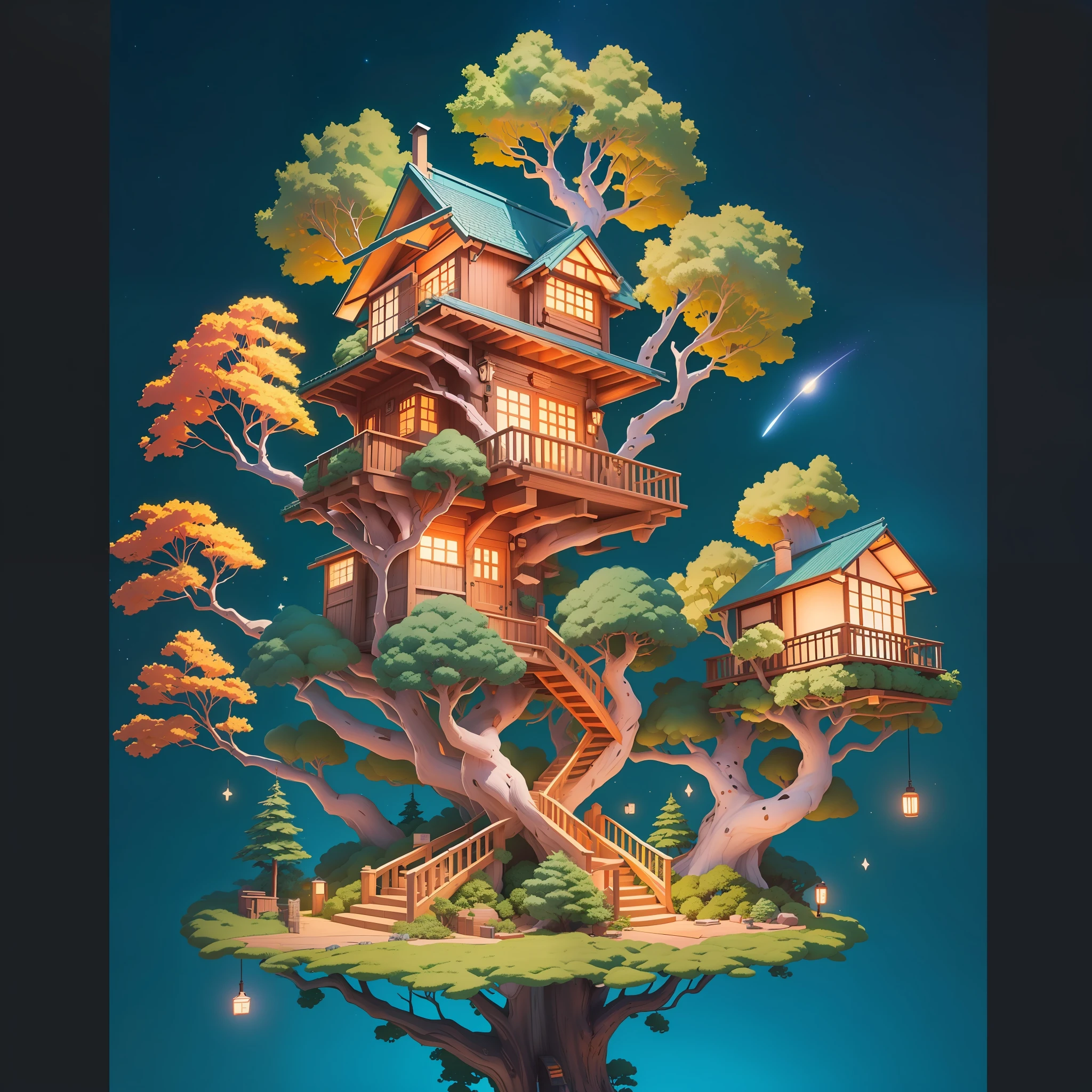 Realistic, Real life, Beautiful little tree house, Night, Stars in the sky, in style of laurie greasley, by Ghibli Studio, Akira Toriyama, James Gilead, Genshin Impact, trending pixiv fanbox, acrylic palette knife, 4K, Vibrant colors, devinert, trending on artstationh