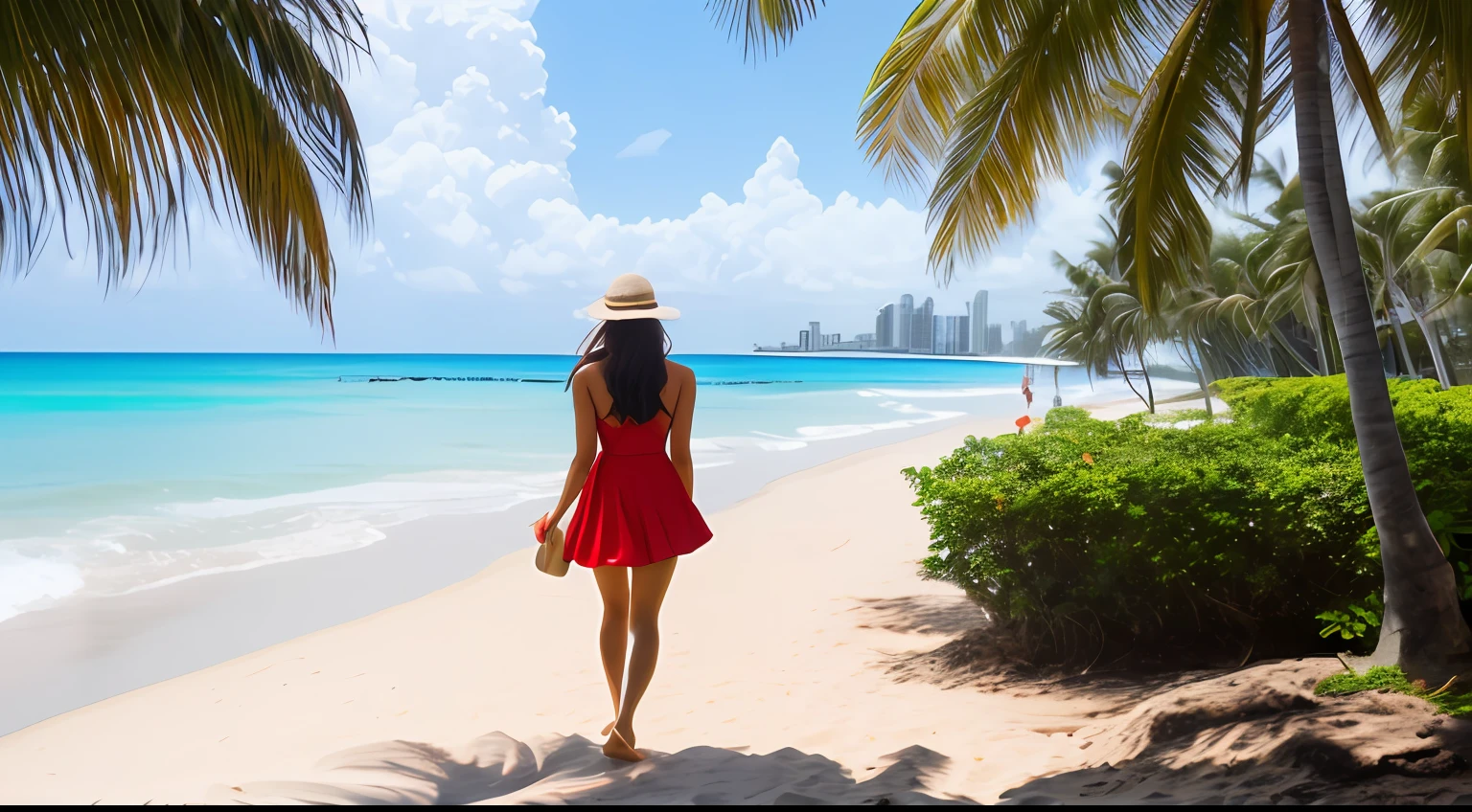 （RAW photos，best qualtiy），highdetailskin，exteriors，Breathtaking tropical beach views, sandbeach，seagulls，Coconut Tree，Recife，Beautiful asian woman，perfect bodies，short red dress，Take a walk by the sea，Turning around，独奏，Bare legs，long whitr hair， (Masterpiece), (Best quality), Highly detailed skin, insanely details, hdr, Sharp, Perfect focus, Bokeh, scenecy，photography of，Ultra photo realsisim，Medium distance，