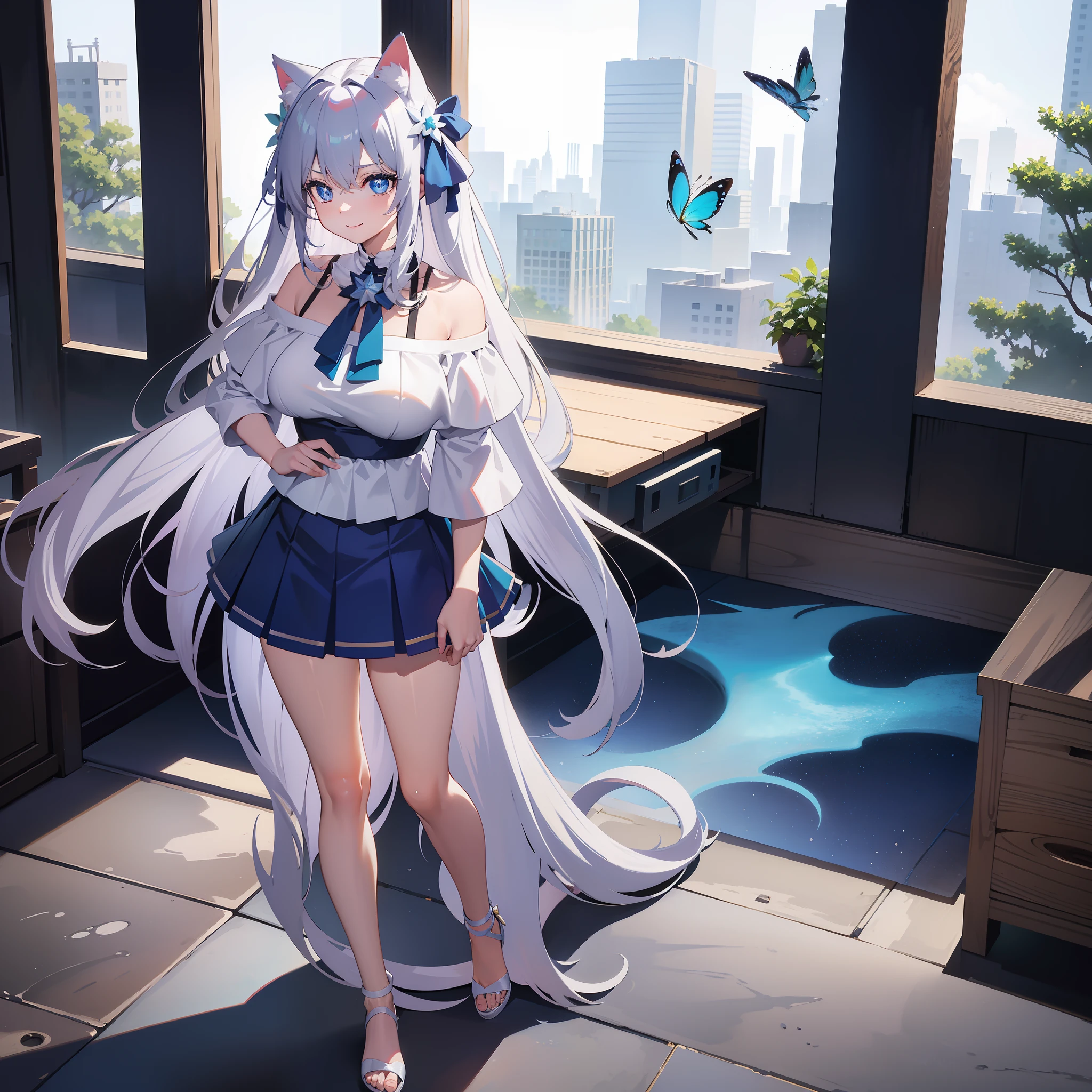 2D, tmasterpiece, best qualtiy, anime big breast, highly detailed, solo person, 独奏, White hair, long whitr hair, cat ear, Off-the-shoulder white shirt, Pleated skirt in blue color, mediuml breasts, standing on your feet, florals, ssmile,one-girl,blue colored eyes,Star eyes,blue butterfly hair ornament,Leg rings,stocklings
