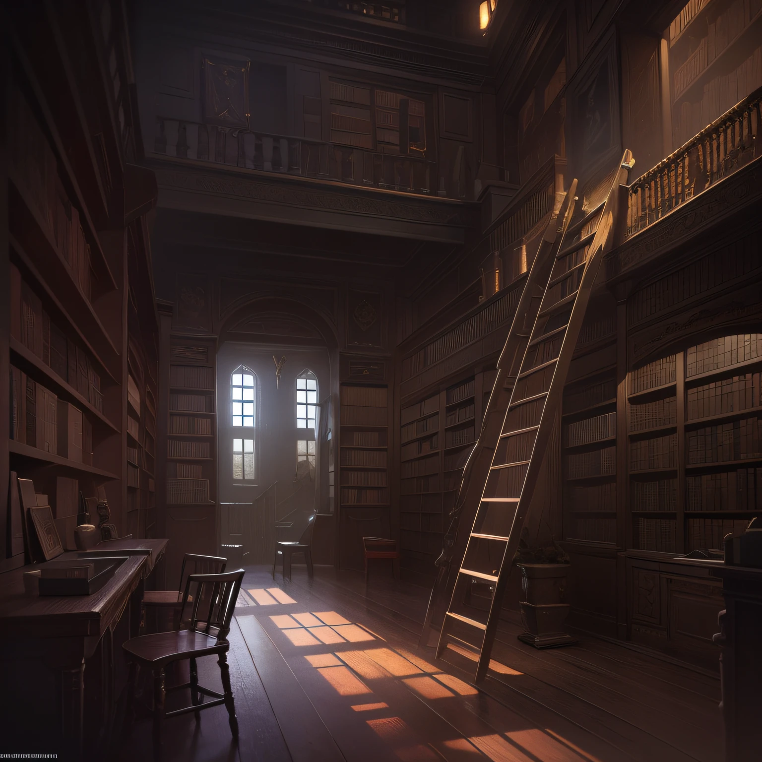 There is a room with a ladder and a ladder, concept art by senior environment artist, polycount contest winner, conceptual art, Dramatic Lighting. Concept art, atmospheric render, Unreal Engine Rendering Concept Art, dramatic lighting render, Detailed lighting and textures, Painting concept art, photorealistic dark concept art, Lighting Study, environmental art, dusty library