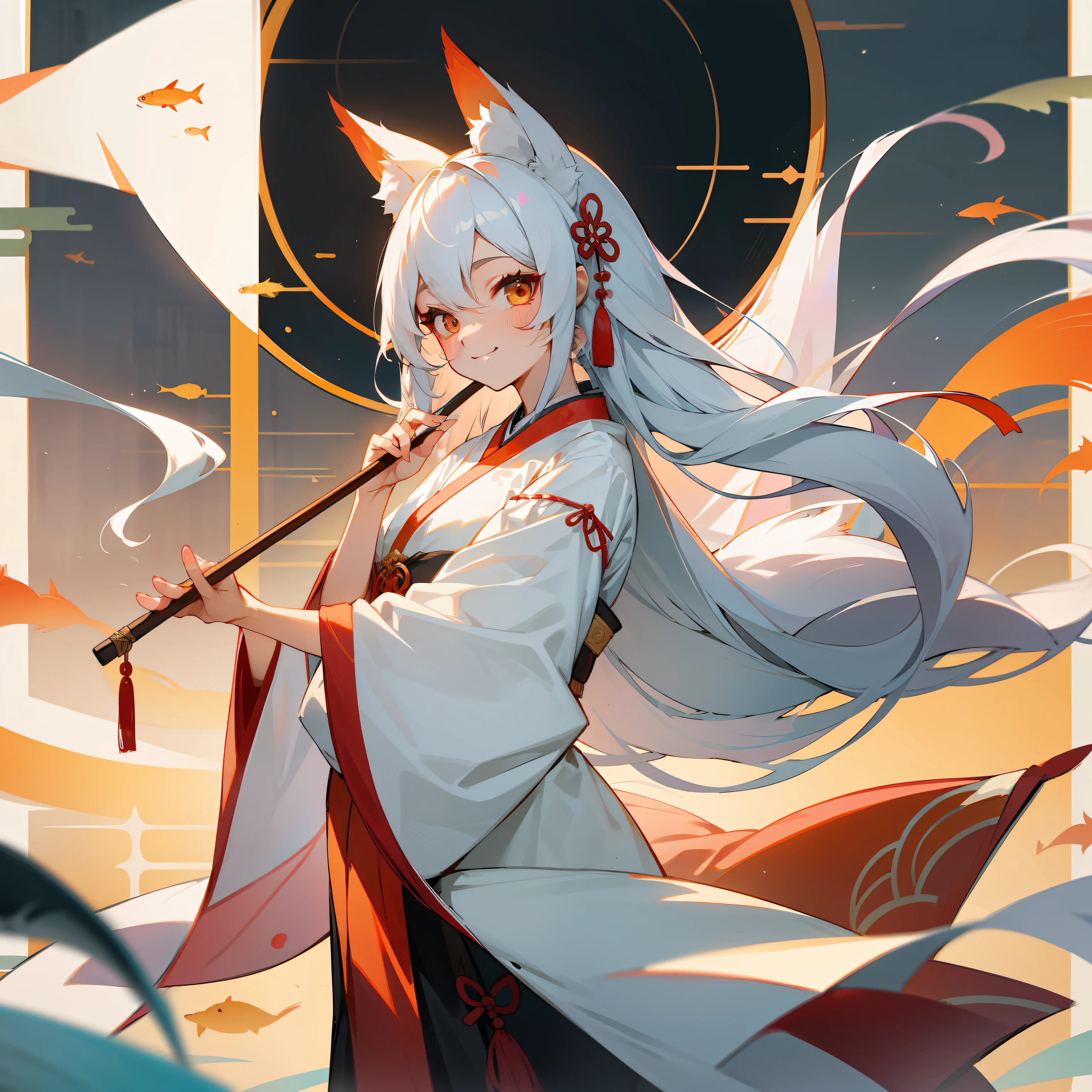 Hanfu girl in Chinese painting style，conservativelydressed，She has long white hair and fox ears，There were many fish around her close to her，She smiled and looked at the audience，Teased