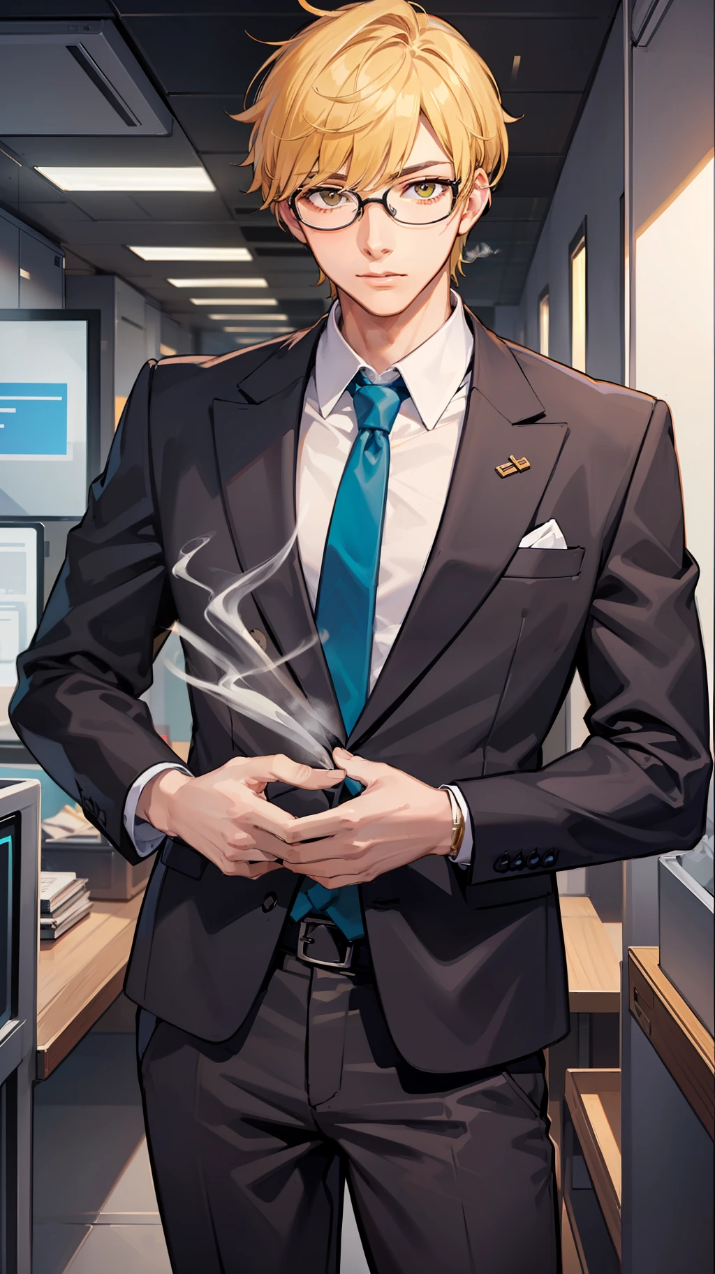 short yellow hair，wears glasses，Business suit，Single smokers，Handsome boy