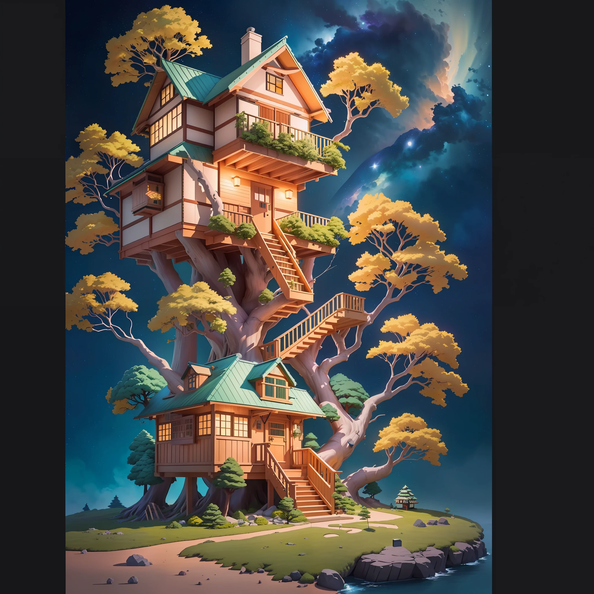 Realistic, Real life, Beautiful little tree house, Night, Stars in the sky, in style of laurie greasley, by Ghibli Studio, Akira Toriyama, James Gilead, Genshin Impact, trending pixiv fanbox, acrylic palette knife, 4K, Vibrant colors, devinert, trending on artstationh