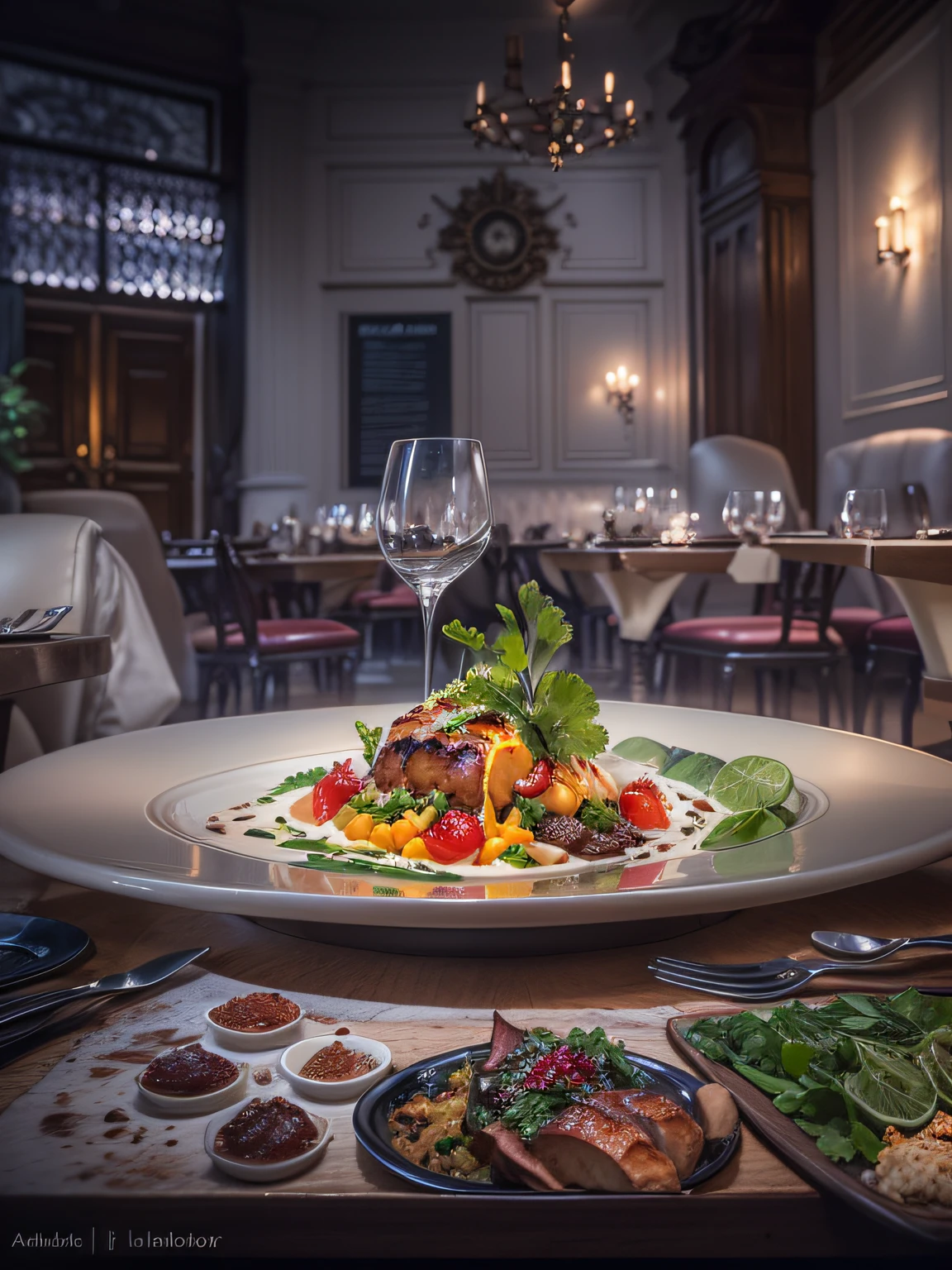 A dish from the chef in the restaurant, with vivid details and high detail, cinematic style with HDR effect, created with Adobe Lightroom.