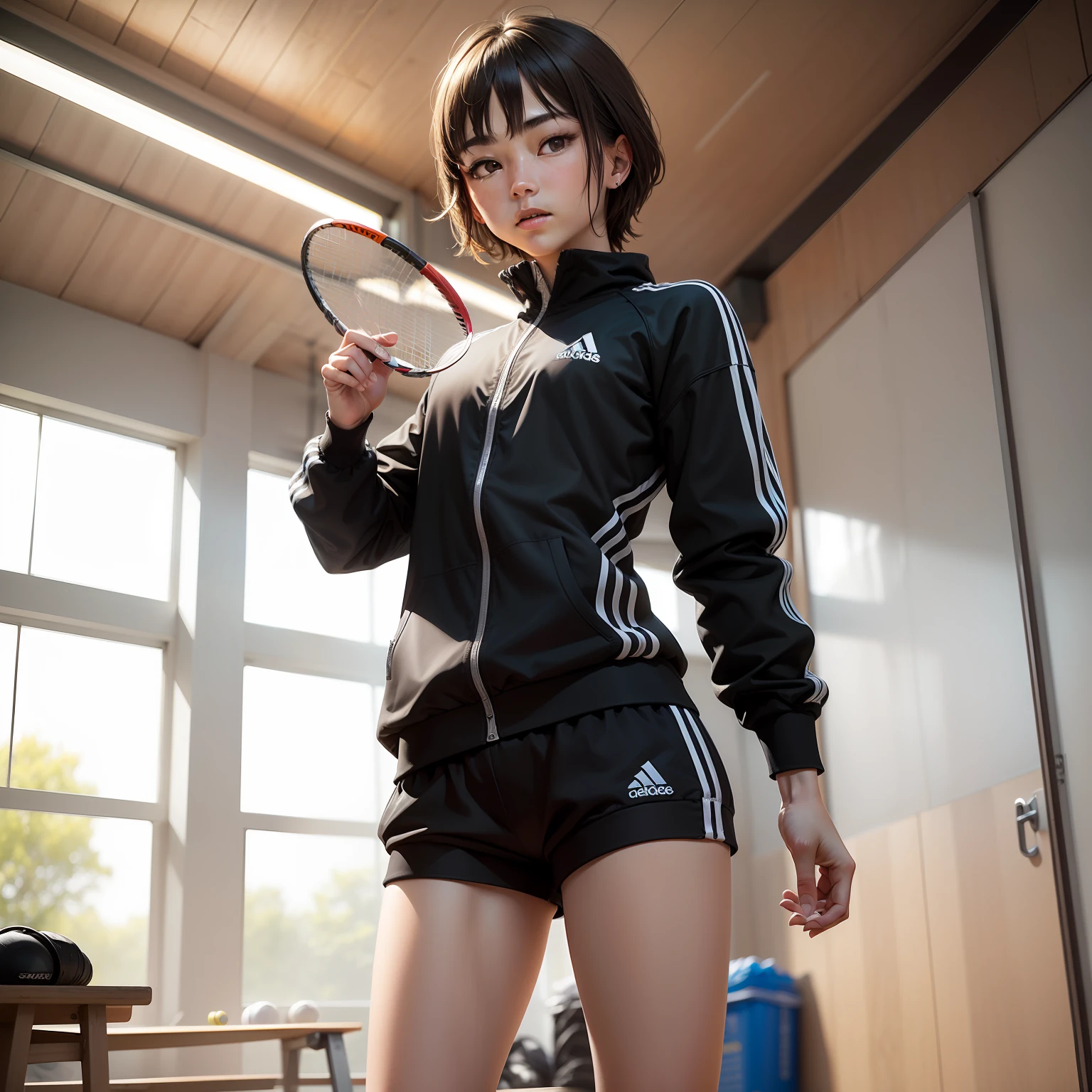 （（Sunnyday， best qualtiy， 8k， tmasterpiece ：1.3））， A half body， Thin， Sharp focus ：1.2， A boy holding a badminton racket in preparation for playing ：1.4， slender figures ：1.1， （（dark brown  hair， ：1.2））， （Black and white Yonex badminton tracksuit， standing on your feet：1.2）， （Sunnyday， Sports hall：1.3））， Highly Detailed Face and Skin Textur， Fine Eye， 二重まぶた