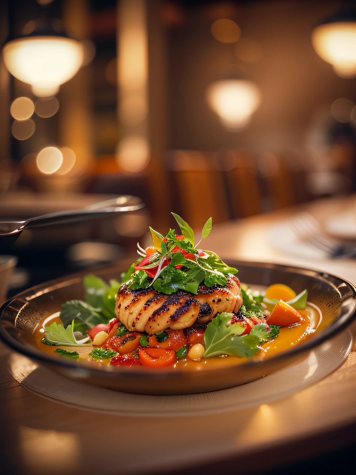 A dish from the chef in the restaurant, with vivid details and high detail, cinematic style with HDR effect, created with Adobe Lightroom.