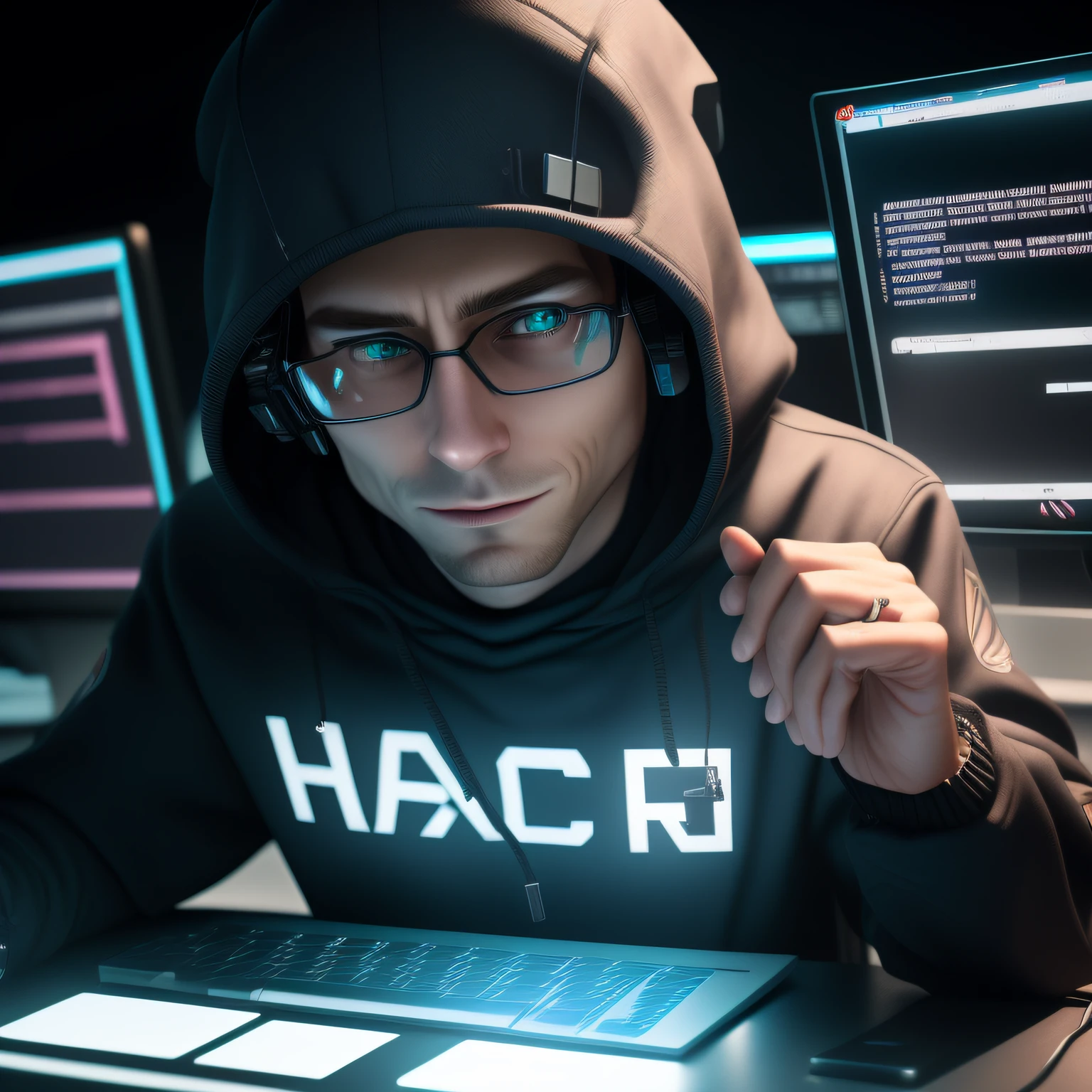 Arafeld man sitting at a computer desk in a hoodie, hacking, cyberpunk hacker, hacknaut cyberpunk, hacking, fvckrender, hacking, hacking into the mainframe, anton fadeev 8 k, typical cryptocurrency nerd, black hoodie techie, has cyberpunk style, CG art, cgartists, 3 d render of jerma 9 8 5
