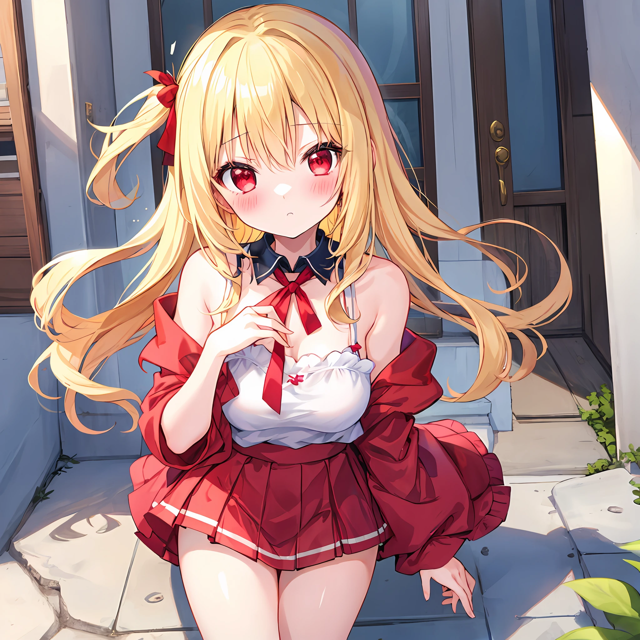 a blond、red eyes、One girl、kawaii、animesque、Fluffy clothes、off shoulders、a miniskirt、outside of house、red blush