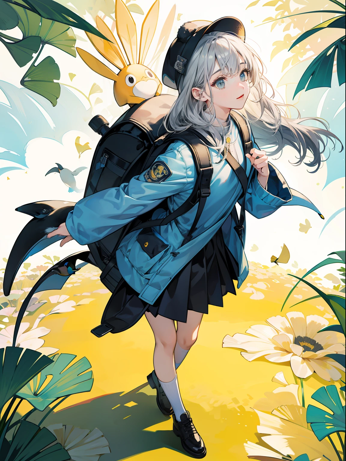 Full body portrait upright,illustration,tmasterpiece,cute girly,Penguin backpack on his back,Ginkgo biloba clothing ornaments,Long blue-gray hair,Yellow hat,Comfortable dynamics