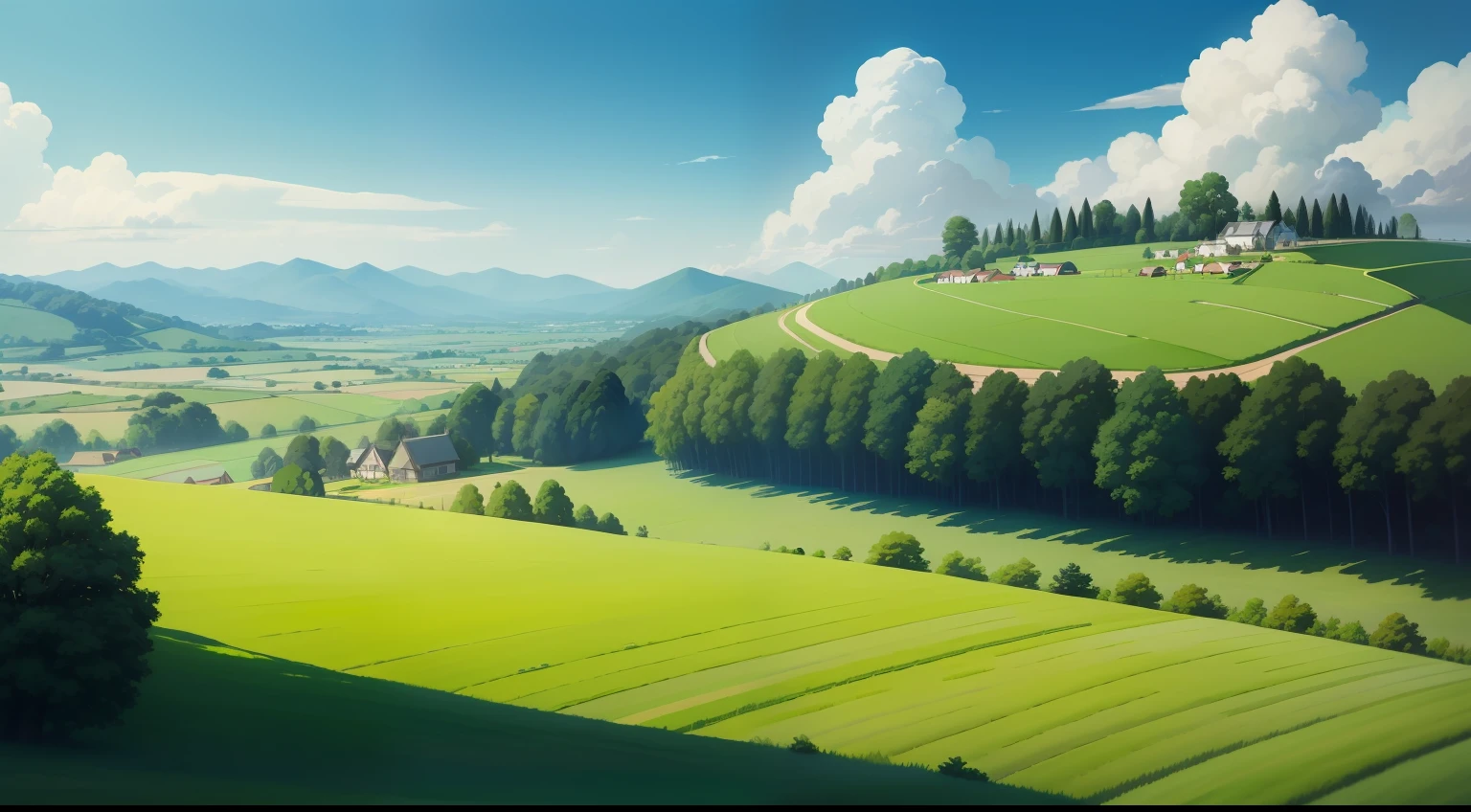 with blue sky and white clouds，Green meadow，in style of hayao miyazaki，hilly，grass field，green color