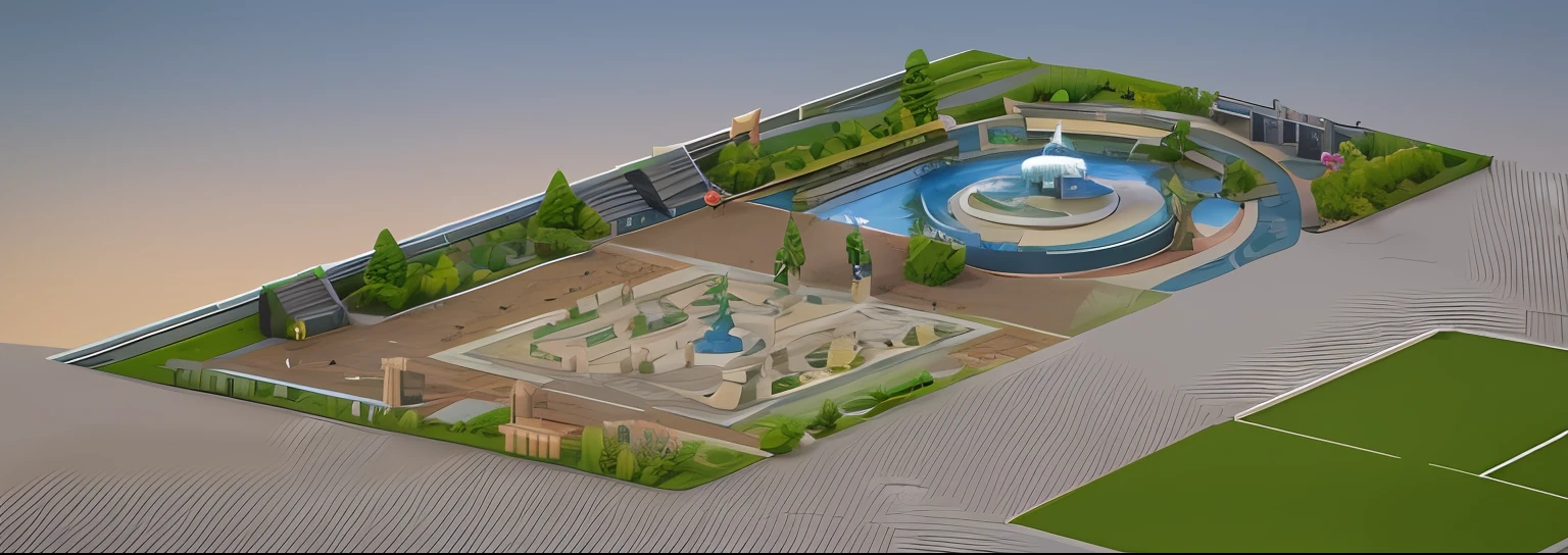There is a 3D image of a park with a fountain, Detailed scenery —width 672, urban plaza, detailed street, prerendered isometric graphics, town center background, Sunken square, royal garden landscape, Isometric map, Garden and fountain, hyper detailed scene, detailed scenic view, Plaza, detailed scenic view, isometric viewpoint, iso-distance view