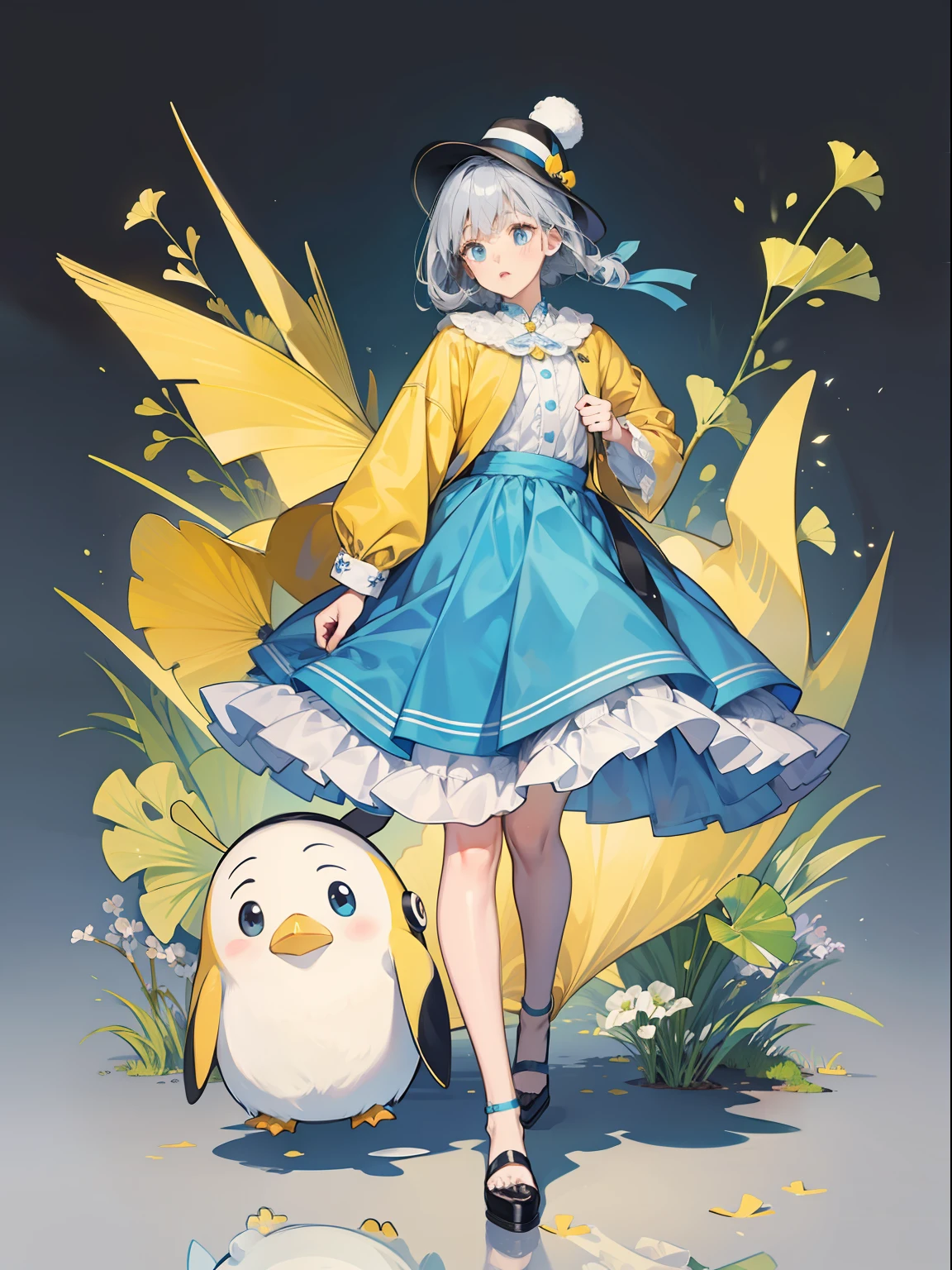 Full body portrait upright，illustration，tmasterpiece，Penguin anthropomorphic design，cute girly，Ginkgo biloba clothing accessories，Long blue-gray hair，Yellow hat，Comfortable dynamics