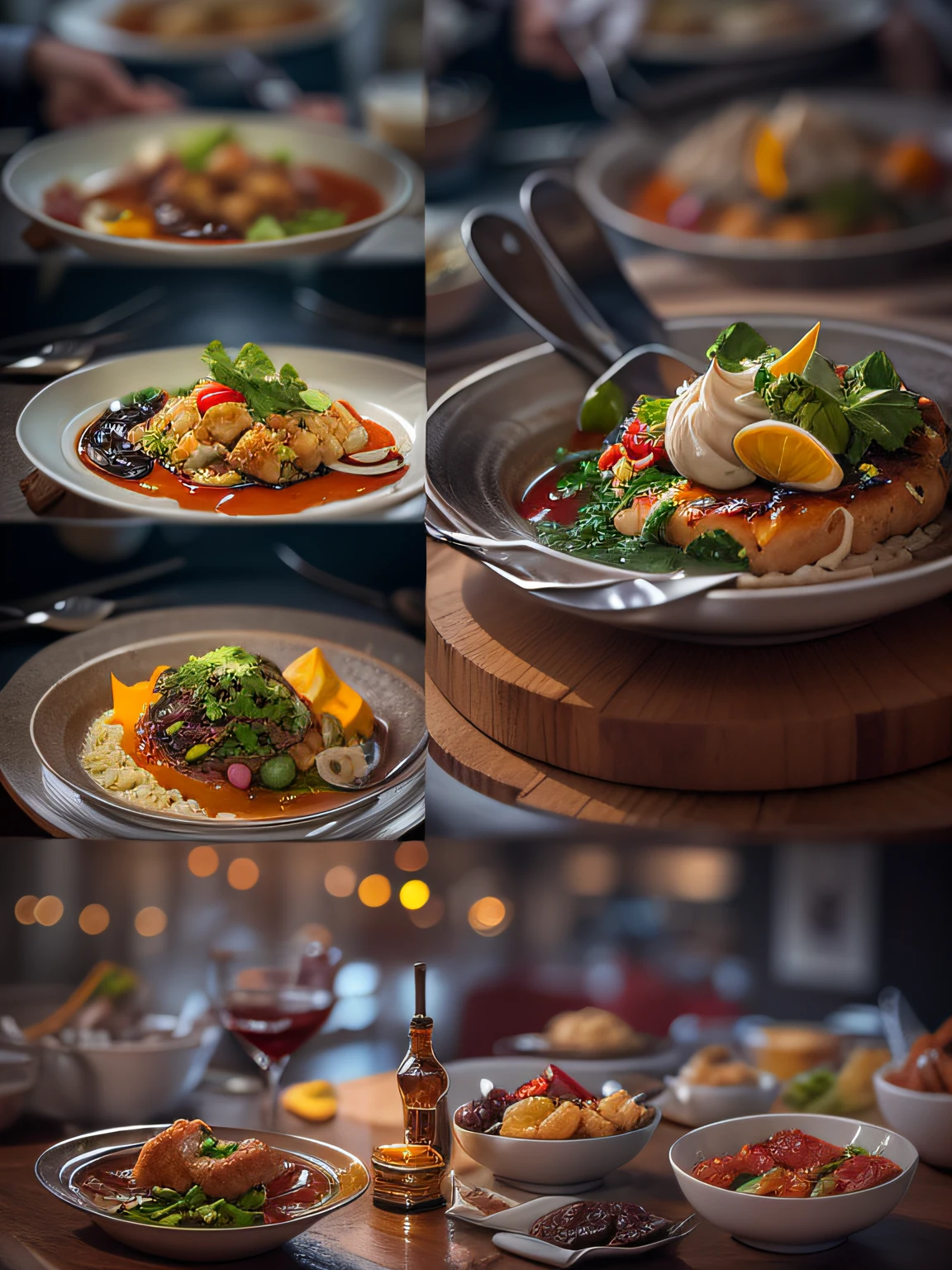 A dish from the chef in the restaurant, with vivid details and high detail, cinematic style with HDR effect, created with Adobe Lightroom.