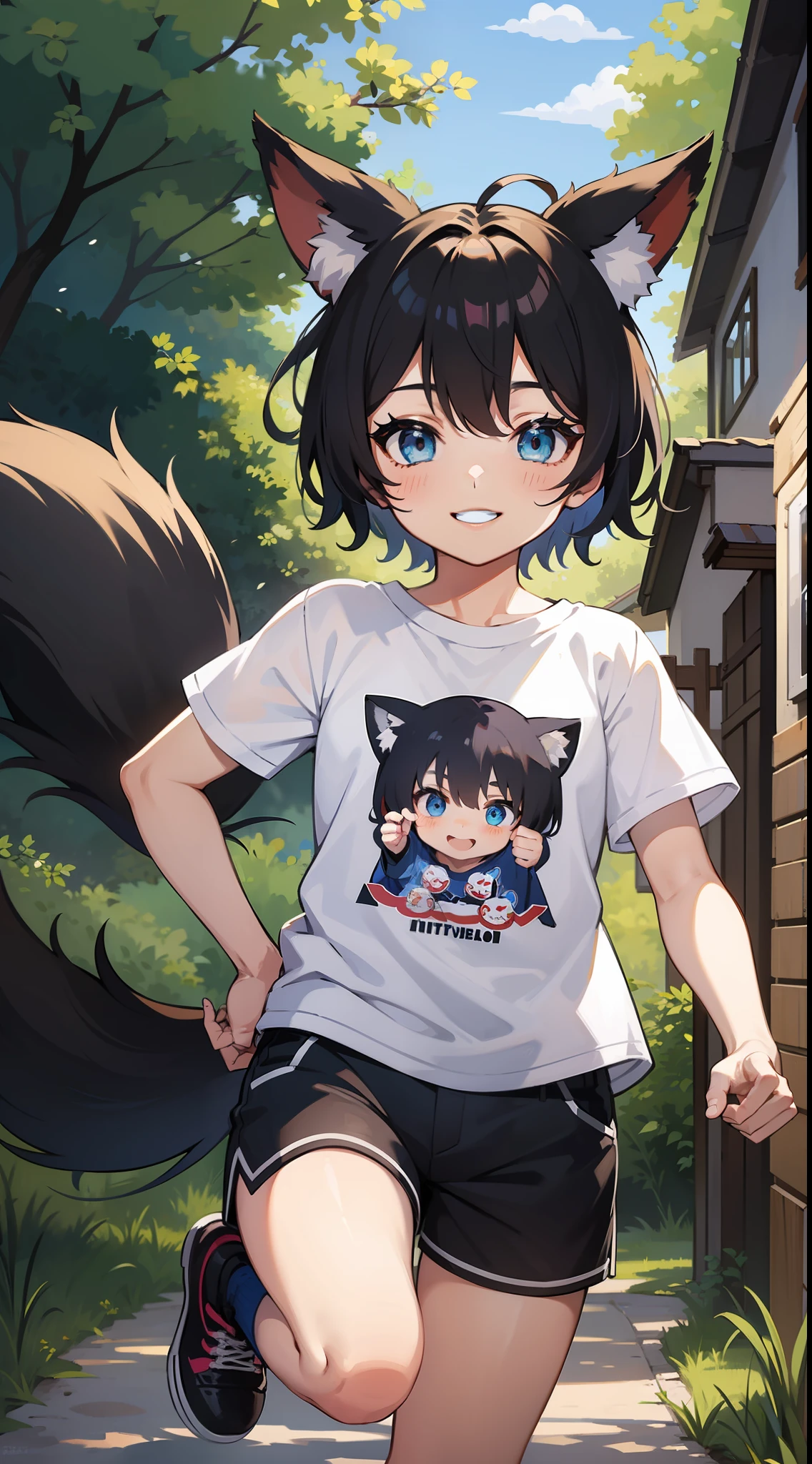 little boy, short black hair, Fox ears, blue eyes, Fox tails, Smile, jump, tshirt, Shorts, Masterpiece, hiquality