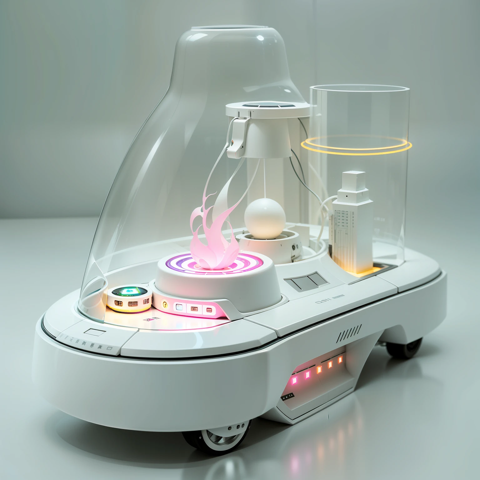 The overall shape is a vertically placed cylinder, The bottom is larger than the top, Provides a sense of stability。, At the top is a transparent circular runway, The interior is an aromatherapy gas delivery device for remote-controlled models。, There will be a small car running on the runway that is constantly running to deliver the aroma, Increase interactivity and fun。, Surround the runway with colored ambient lights, Illuminate and change the atmosphere of light and shadow on the runway。, The bottom touch control panel can control the direction of movement of the trolley、Aroma patterns and lighting effects。, There is a USB charging port on the side or bottom。The material can be ABS plastic, Ensure safety and environmental protection。, The whole combination is fun and functional, It's both tech and fun, It is a unique aromatherapy experience, industrial design, Product design。, Minimalism, Bauhaus, chiaroscuro, blending, cinematic lighting, UHD, masterpiece, high quality, highres, 16k