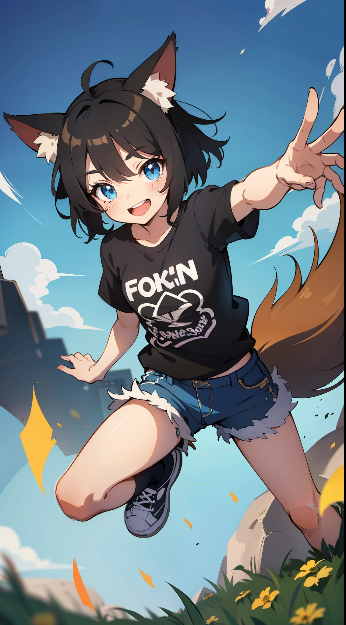 little boy, short black hair, Fox ears, blue eyes, Fox tails, Smile, jump, tshirt, Shorts, Masterpiece, hiquality