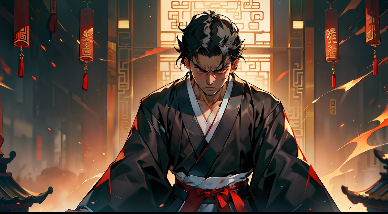 17, (1 person) (boy, (((Black coat))), ((Black Hanfu youth)), (((Black hair))), kingly air, gorgeous, handsome, outstanding temperament, glaring, his blood-red eyes filled with anger) (Background: Inside the sacred and magnificent ancient Chinese imperial palace).