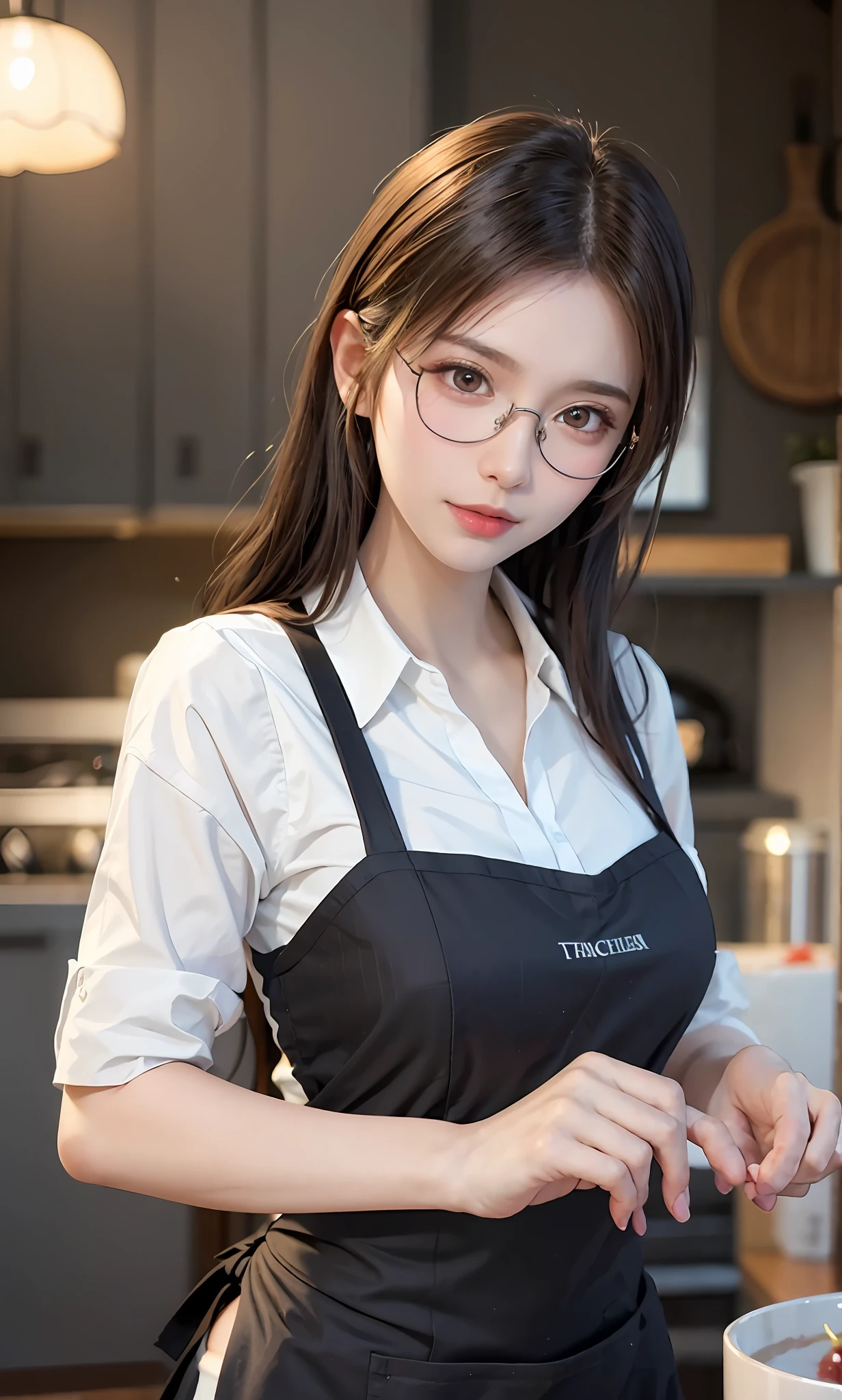 (RAW photos:1.2),high high quality,Beautiful Meticulous Girl,Highly detailed eyes and face,beatiful detailed eyes,hugefilesize,A high resolution,8k wallpaper,finely detailled,Highly detailed stock code uniform 8k wallpaper,light in face,电影灯光,16 year old girl,A sexy pose,(photo-realism:1.4),illustratio,ultra-realistic realism,super detailing, tmasterpiece, at the kitchen,Wear an apron to cook,wears glasses,Bigchest,low chest