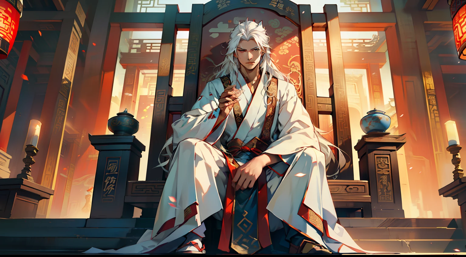18, (1 person) (boy, ((white Hanfu youth)), (((Long white hair))), kingly air, gorgeous, handsome, outstanding temperament, sitting on the sacred throne, calmly gazing, without any expression) (Background: Inside the sacred and magnificent ancient Chinese imperial palace).
