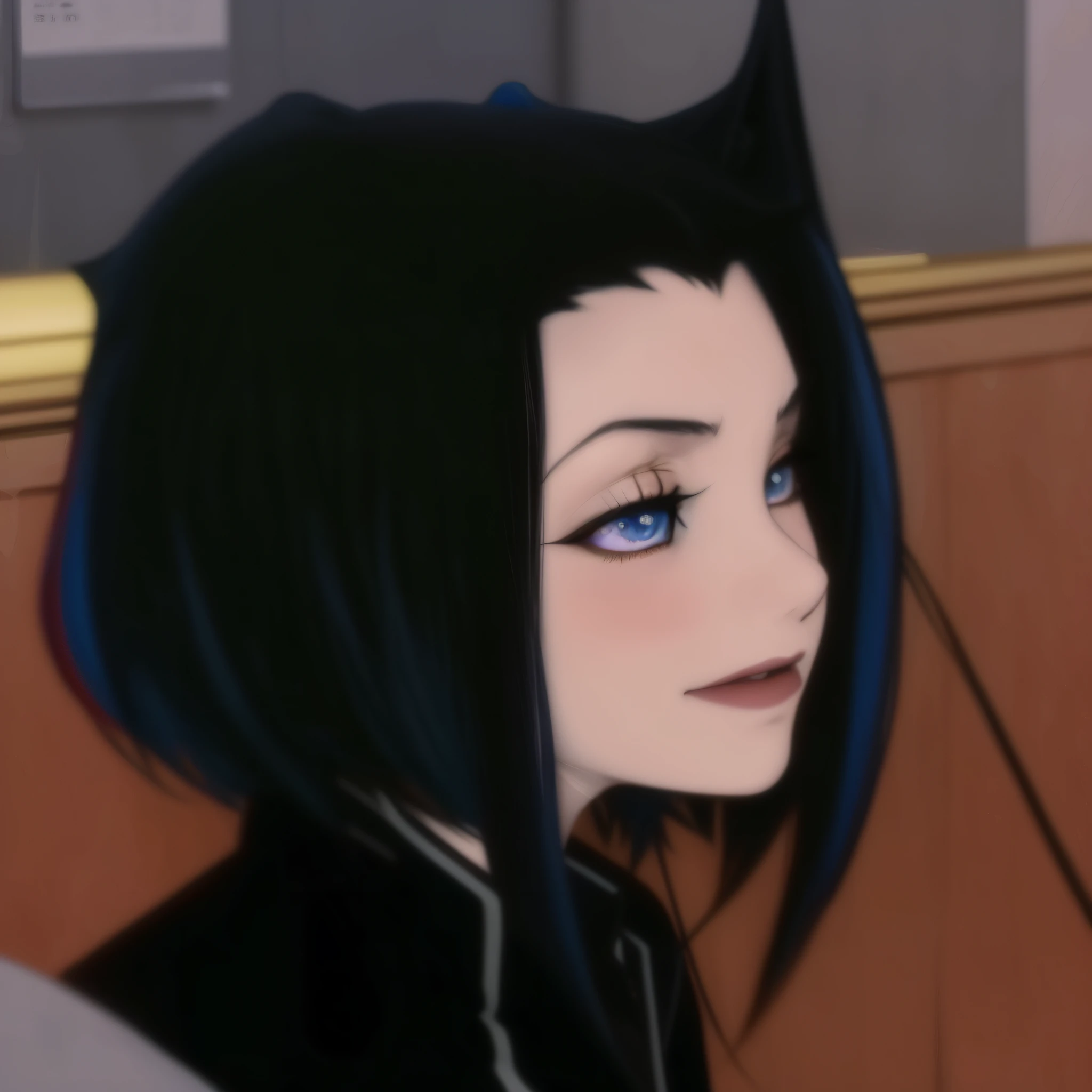 Anime girl with black hair and blue eyes sitting in booth, aeon flux style, raven black hair, anigirl batman, 1 7 - year - old anime goth girl, in a mixed style of æon flux, She has black hair, in the anime series ergo proxy, style mix of æon flux, Mona Lisa plays Gothic Girl