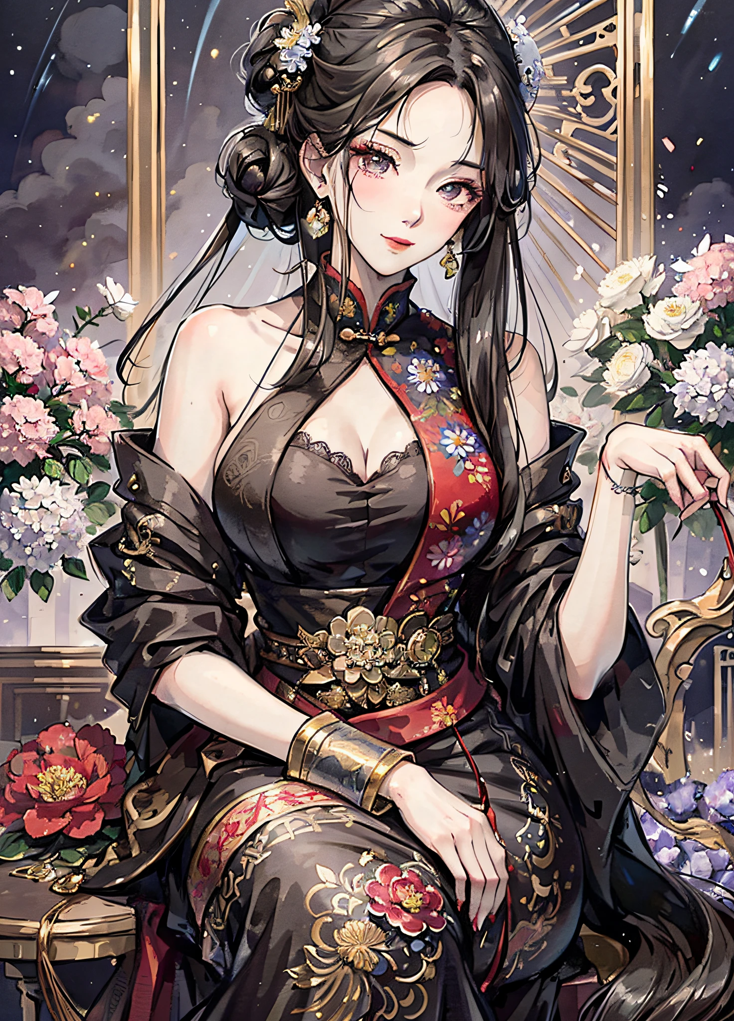 Masterpiece, Superb Product, Night, Full Moon, 1 Woman, Mature Woman, Chinese Style, Antique Chinese, Sister, Royal Sister, Smile, Brunette Hair, Updo, Red Lips, Calm, Intellectual, Hairpin, Hair Flower, Detailed Facial Details, Detailed Eyes, Full Body, Gray Eyes, Long Hair, Hydrangeas