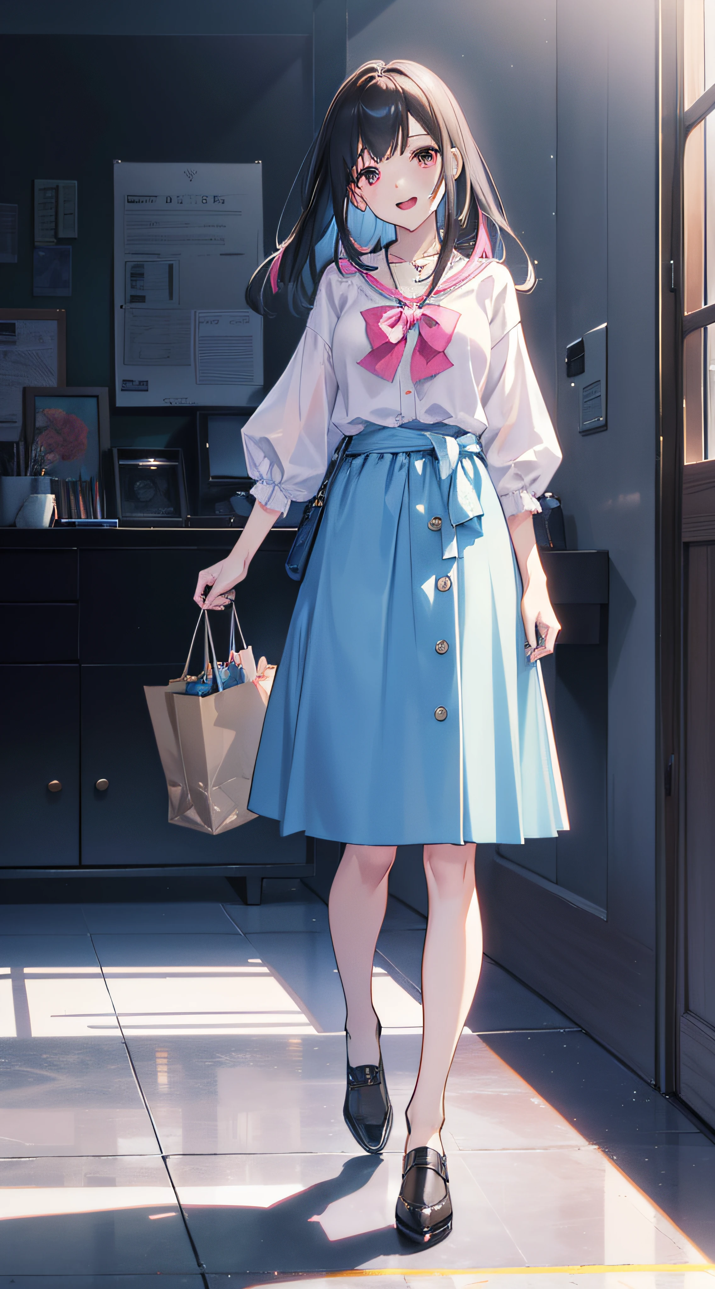 ((top-quality)), ((masterpiece)), (detaileds:1.4),Style image of woman in light blue blouse and pink skirt in bright city,Light shines on the whole figure ,Long, long hair to the waist,Hair Color Brown,Wearing a small necklace,long skirt, long skirt,summer clothing ,Looking at the camera、a smile、Woman laughing, modern casual clothing, casual clothing style, casual modern clothing, Laughing with open mouth、 full body length, Full body, HDR(HighDynamicRange),Ray traching,NVIDIA RTX,Hyper-Resolution,Unreal 5,sub-surface Scattering,PBR Texturing,Postprocess,Anisotropy Filtering,depth of fields,Maximum clarity and sharpness,multi-layer texture,Albedo and specular maps,Surface Shading,Accurate simulation of light-material interactions,perfectly proportions,Octane Rendering,Two-tone lighting,Wide aperture,Low ISO、White Balance、thirds rule、8K RAW、