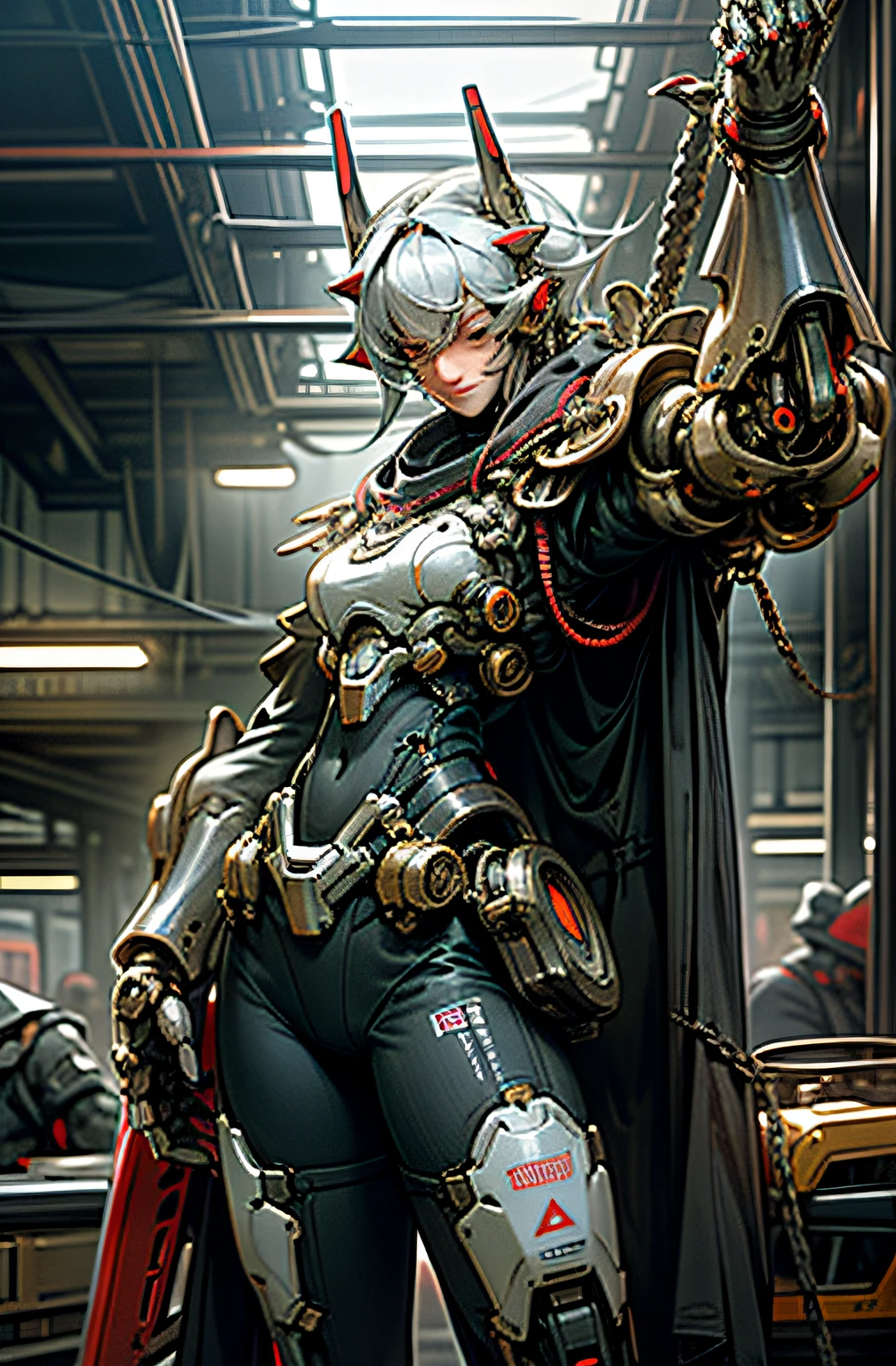 Dark_Fantasy,Cyberpunk,(chain saw,chain saw man,Red:1.1),1man,Mechanical marvel,Robotic presence,Cybernetic guardian,Wearing a shabby female mech suit，iintricate，（Steel metal），ellegance，Clear focus，gentlesoftlighting，vivd colour，tmasterpiece，Skysky，cow boy shot，dynamicposes，