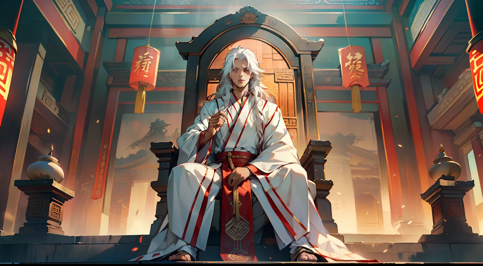 18, (1 person) (boy, ((white Hanfu youth)), (((Long white hair))), kingly air, gorgeous, handsome, outstanding temperament, sitting on the sacred throne, calmly gazing, without any expression) (Background: Inside the sacred and magnificent ancient Chinese imperial palace).