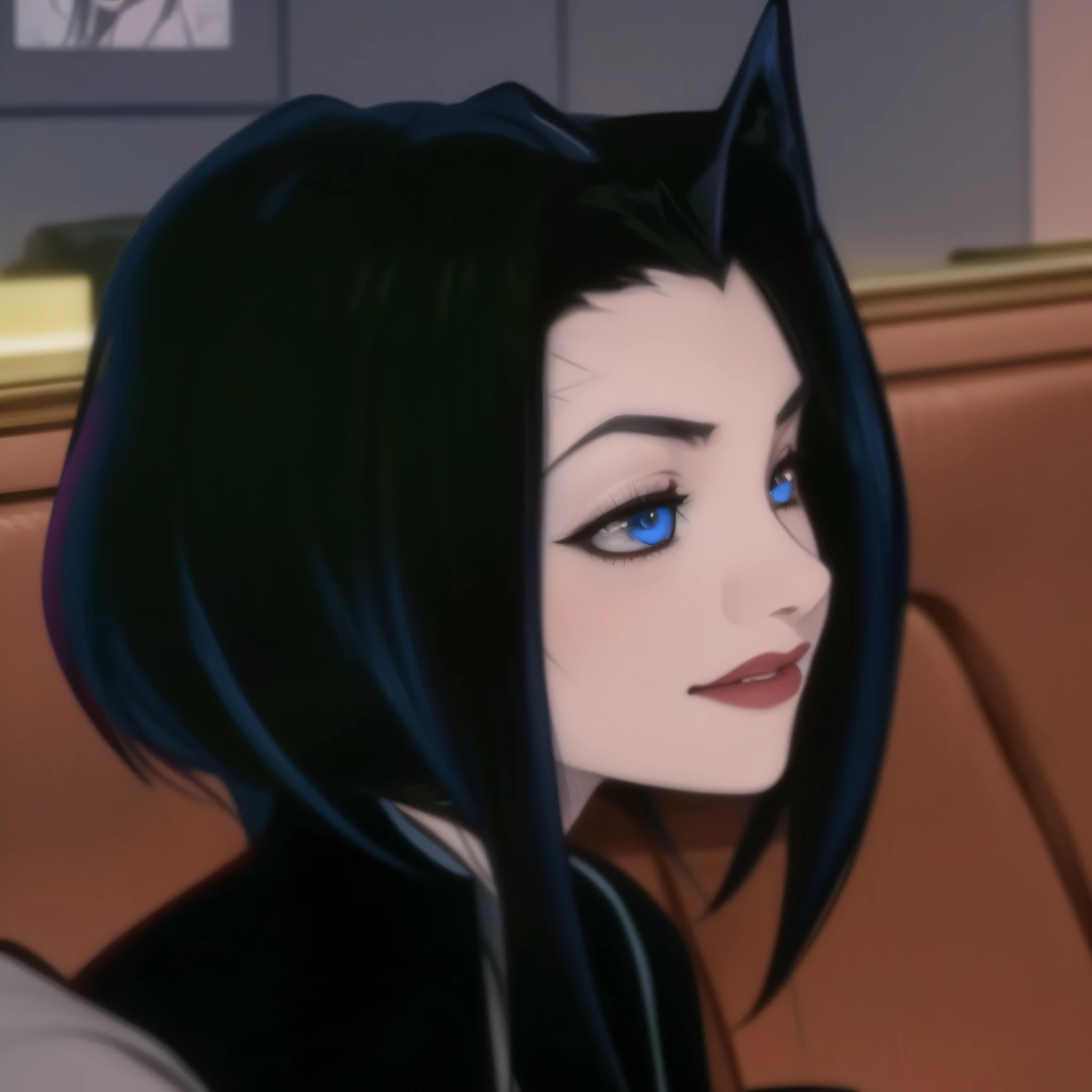 Anime girl with black hair and blue eyes sitting in booth, aeon flux style, raven black hair, anigirl batman, 1 7 - year - old anime goth girl, in a mixed style of æon flux, She has black hair, in the anime series ergo proxy, style mix of æon flux, Mona Lisa plays Gothic Girl