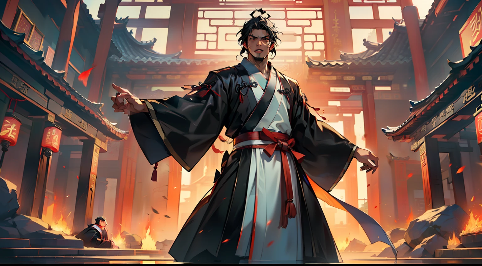 19, (1 person) (boy, (((Black coat))), ((Black Hanfu youth)), (((Black hair))), kingly air, gorgeous, handsome, outstanding temperament, looking at it with gritted teeth, his heart bleeding) (Background: Inside the sacred and magnificent ancient Chinese imperial palace).