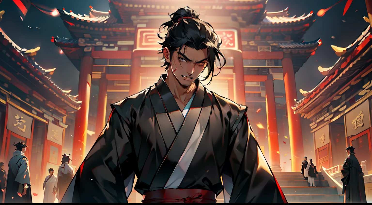 19, (1 person) (boy, (((Black coat))), ((Black Hanfu youth)), (((Black hair))), kingly air, gorgeous, handsome, outstanding temperament, looking at it with gritted teeth, his heart bleeding) (Background: Inside the sacred and magnificent ancient Chinese imperial palace).