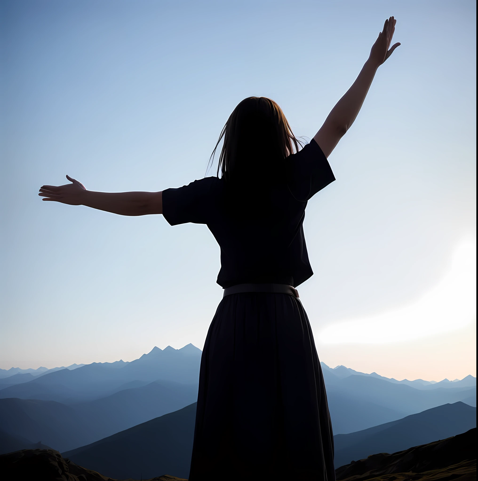 The Alafi woman stands on the top of a mountain,arms out, raise both arms, Arms outstretched, arms stretched wide, Arms spread wide, arms out, stands in center with open arms, Arms raised, she is approaching heaven, girl standing on mountain, Hands in the air, arms flailing, Stand with your back to us
