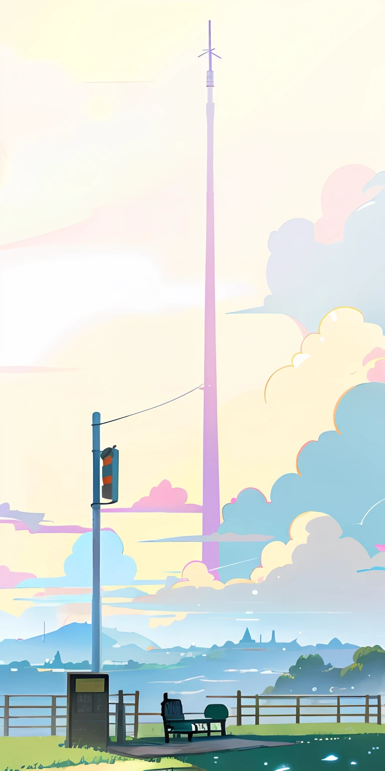 There is a cat sitting on a bench next to the sign, Studio Ghibli Sky, bubbly scenery, Studio Ghibli shows, studio ghibli filter, inspired by Taiyō Matsumoto, tsuaii, hilltop, in style of ghibli, Artistic cover, 🚿🗝📝, inspired by Shūbun Tenshō, peaceful cloud