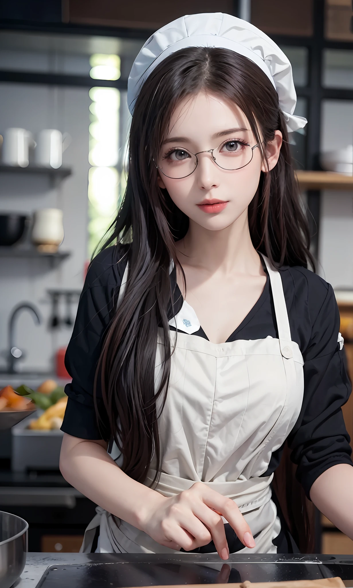(RAW photos:1.2),high high quality,Beautiful Meticulous Girl,Highly detailed eyes and face,beatiful detailed eyes,hugefilesize,A high resolution,8k wallpaper,finely detailled,Highly detailed stock code uniform 8k wallpaper,light in face,电影灯光,16 year old girl,A sexy pose,(photo-realism:1.4),illustratio,ultra-realistic realism,super detailing, tmasterpiece, at the kitchen,Wear an apron to cook,Wear a chef's hat,wears glasses,Bigchest,low chest
