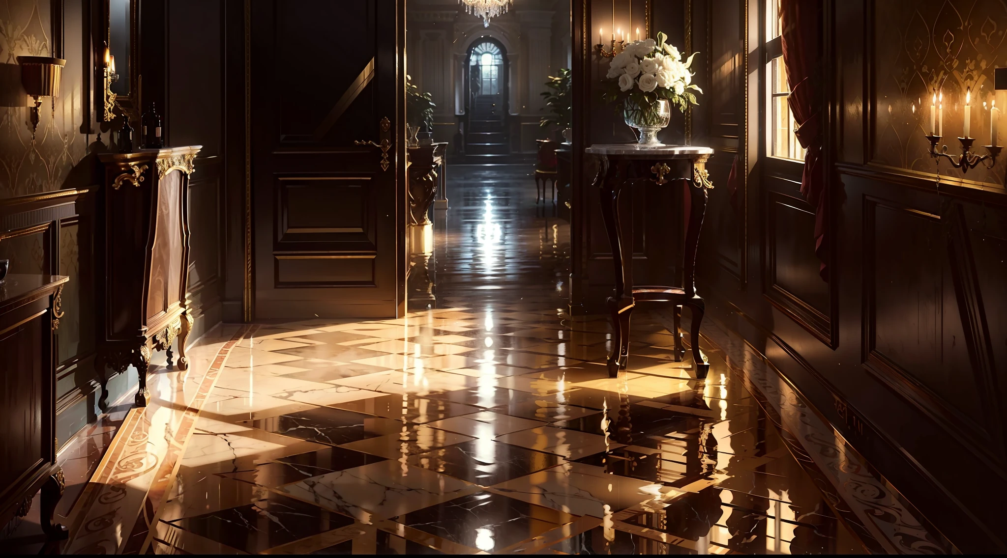 Marble tiles，baroque，Rococo，neoclassicism style，ornate and elegant，Neoclassical style，ornate and detailed，tmasterpiece，best qualtiy，（Very detailed wallpaper of G6unty 8K）（HighestQuali），（Most Best Illustration），(Best shadow)，（cinmatic lighting）3，detailed anime style illustration，luxury goods，Amazing Gatsby style