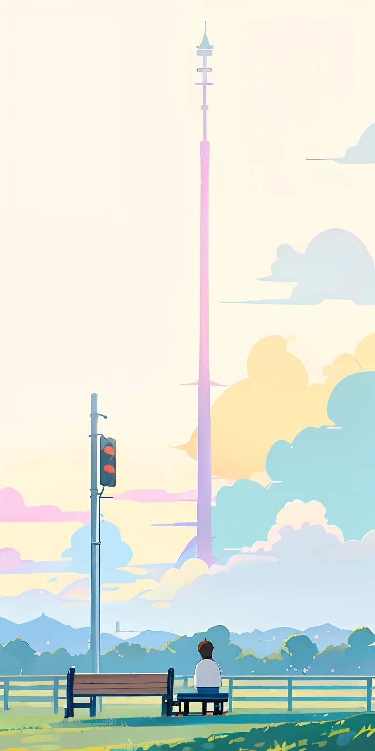 There is a cat sitting on a bench next to the sign, Studio Ghibli Sky, bubbly scenery, Studio Ghibli programme, studio ghibli filter, inspired by Taiyō Matsumoto, tsuaii, hilltop, in style of ghibli, Artistic cover, 🚿🗝📝, inspired by Shūbun Tenshō, peaceful cloud