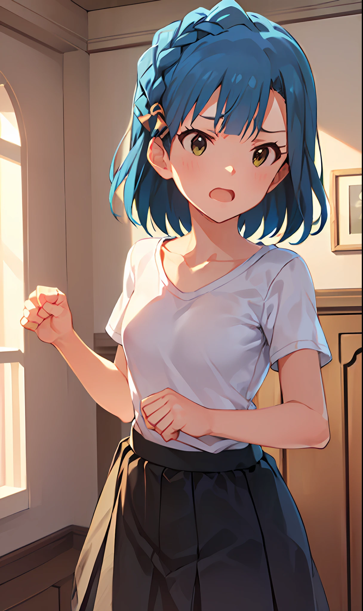 yuriko nanao (million live). Short stature. (((white t-shirts))).(((Skirt))).(((masterpiece))).(((best quality))).((Ultra-detailed))).(((illustratio))). (((fighting stance))).(((a room))).(((make a fist))).(((up chest))).Despair face.(((short-hair))).((big breasts)).((Opening Mouth)).