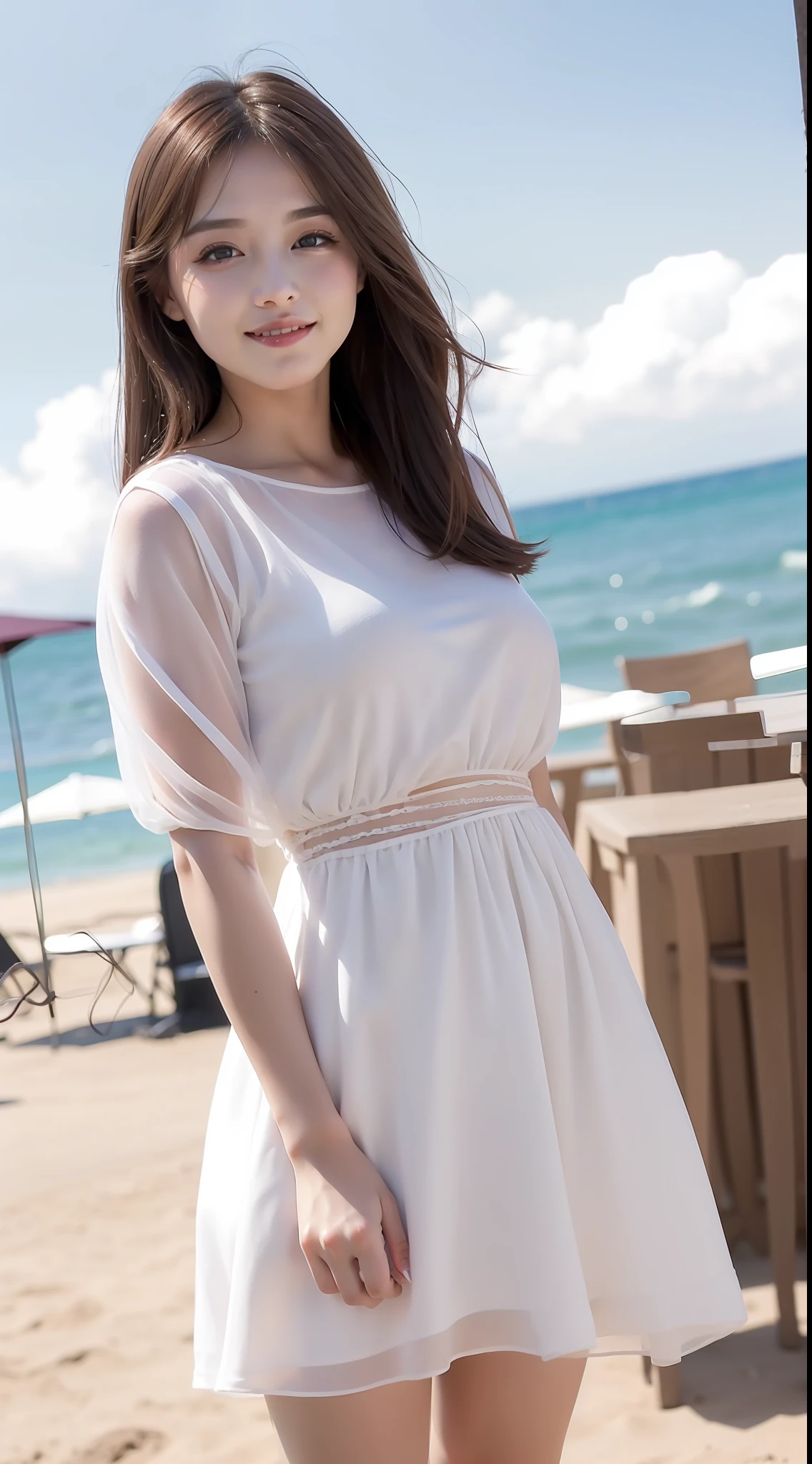 high detal,8K分辨率,超高分辨率,Young beautiful girl slightly fat,((waist-up)) ，full bodyesbian，A cute girl，long whitr hair，Bright and clear eyes,(voluminous hair,鎖骨,Exquisite and perfect facial features, the most beautiful big eyes,Long eyelashes,Wear an organza dress，Theron fluffy skirt，Crop topping，sweet eyes,ssmile)，dynamic angle,Extreme picture quality,Highest accuracy,Precise and perfect human anatomy，with blue sky and white clouds，On the beautiful seaside，sandbeach。