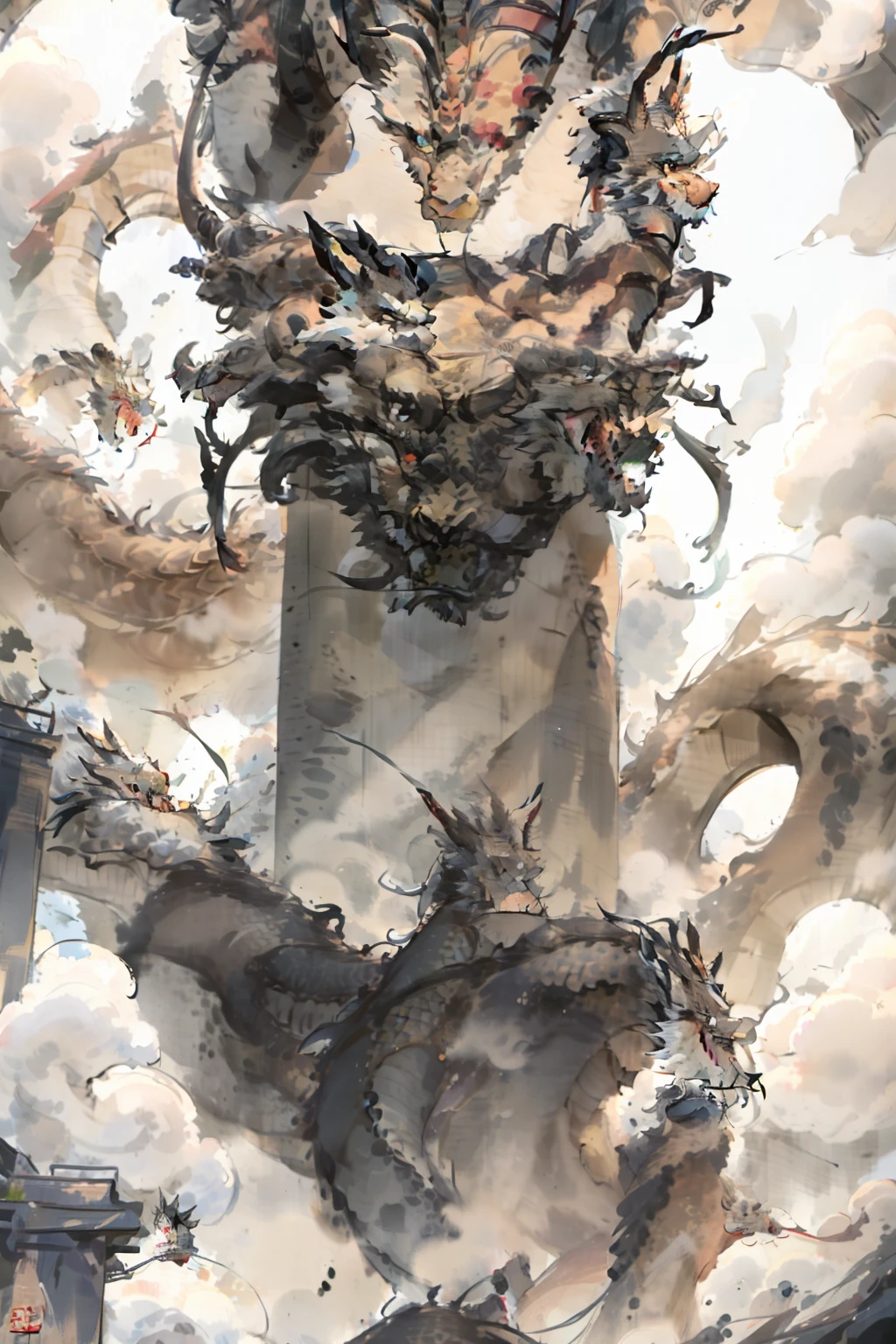 chinesedragon， drak， letterbox， halter， exteriors， The bird， standing on your feet， ​​clouds， 1boys， arma， from back， Skysky， mostly cloudy sky， Critters， holdingweapon， a Oriental Dragons， Ogre， 1other， bucket-hat， Mist，dragon claw，Traditional Chinese painting，Great view
