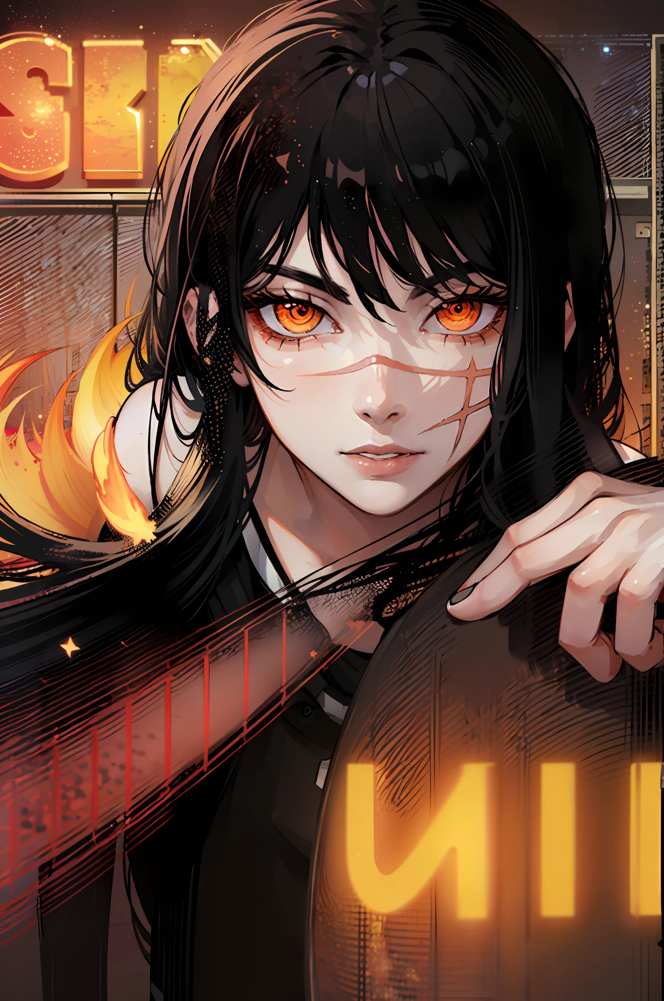 (masterpiece, top quality, best quality, official art, beautiful and aesthetic:1.2), (1girl:1.3), (fractal art:1.3), yoru, 1girl, long hair, black hair, red eyes(black ringed eyes), scar on face, ringed eyes, (pinafore dress, black belt, black ribbon), location: night city, luminous signs, upper-body, looks at the viewer, whilst puddles on the floor, (((dark night, stars in sky, buildings looking with brain signs))