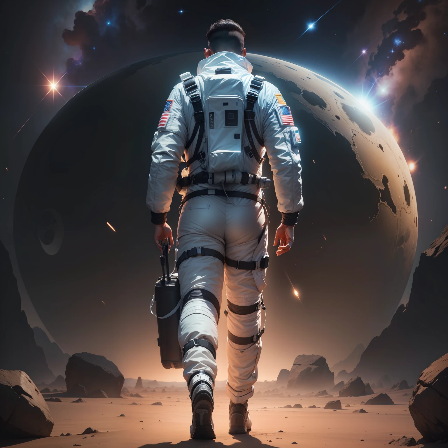 The back of a man in a spacesuit walking to the right front,Full body image width,looking to the front,up looking,k hd,unclear
