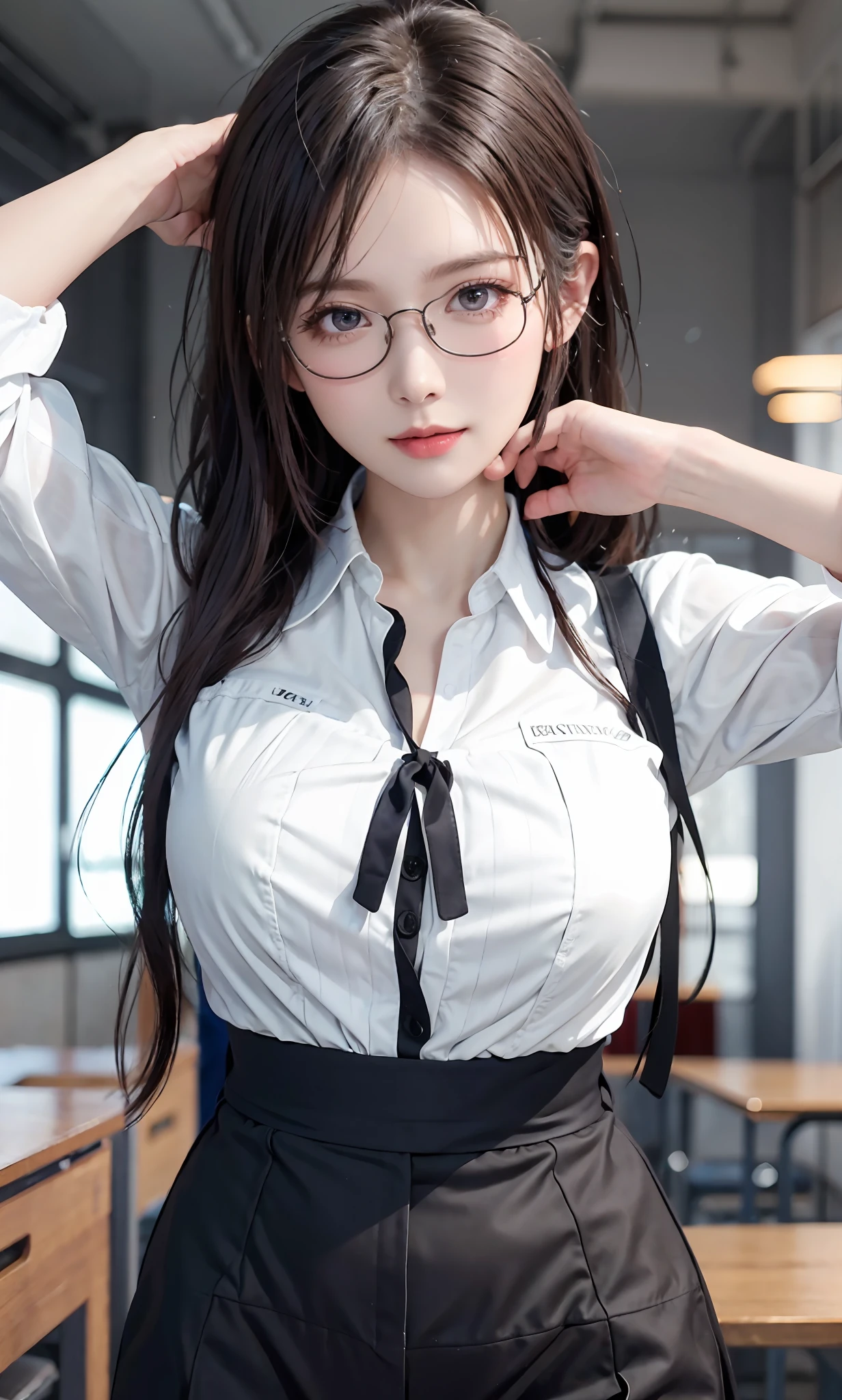 (RAW photos:1.2),high high quality,Beautiful Meticulous Girl,Highly detailed eyes and face,beatiful detailed eyes,hugefilesize,A high resolution,8k wallpaper,finely detailled,Highly detailed stock code uniform 8k wallpaper,light in face,电影灯光,16 year old girl,A sexy pose,(photo-realism:1.4),illustratio,ultra-realistic realism,super detailing, tmasterpiece, Current School Classroom,At the podium,Wear classroom uniforms,wears glasses,Bigchest,low chest