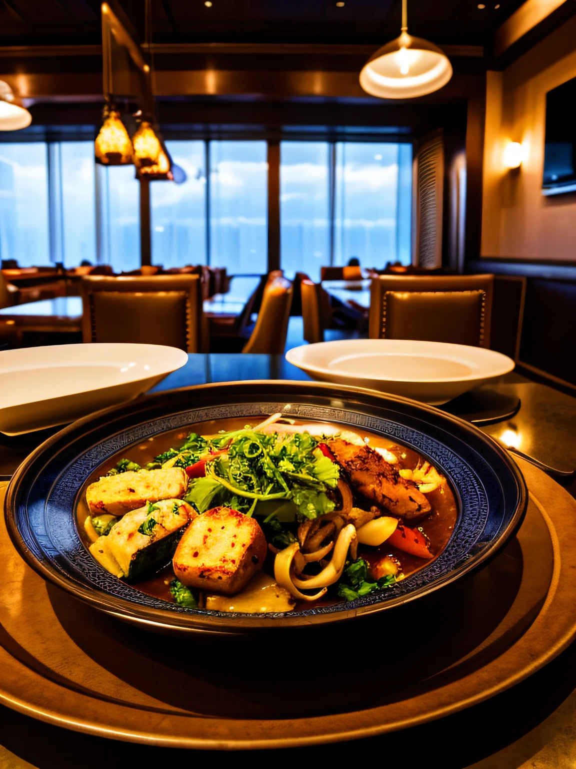A dish from the chef in the restaurant, with vivid details and high detail, cinematic style with HDR effect, created with Adobe Lightroom.