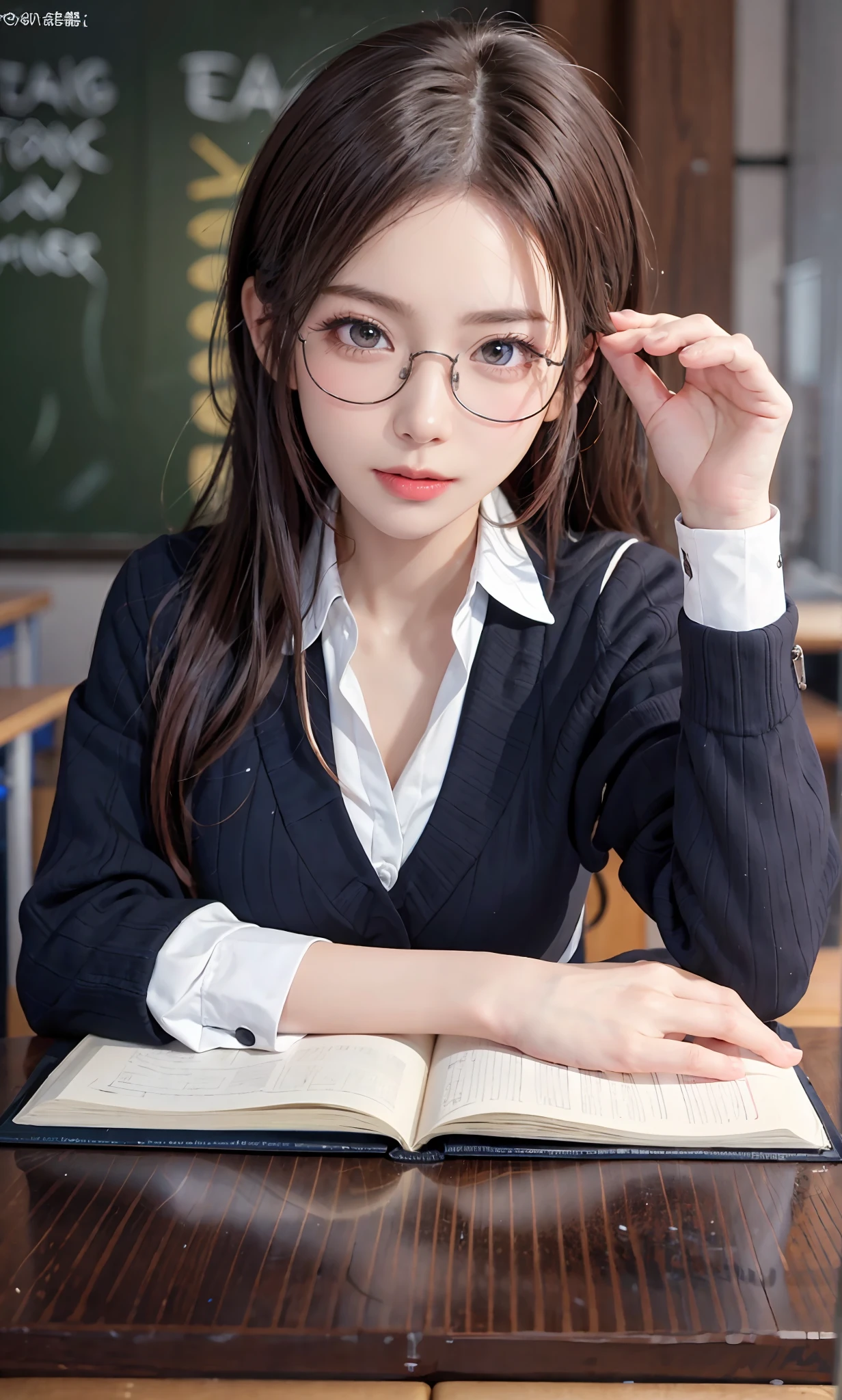 (RAW photos:1.2),high high quality,Beautiful Meticulous Girl,Highly detailed eyes and face,beatiful detailed eyes,hugefilesize,A high resolution,8k wallpaper,finely detailled,Highly detailed stock code uniform 8k wallpaper,light in face,电影灯光, girl,A sexy pose,(photo-realism:1.4),illustratio,ultra-realistic realism,super detailing, tmasterpiece, Current School Classroom,At the podium,In front of the blackboard,Wear a school uniform,wears glasses,Bigchest,low chest