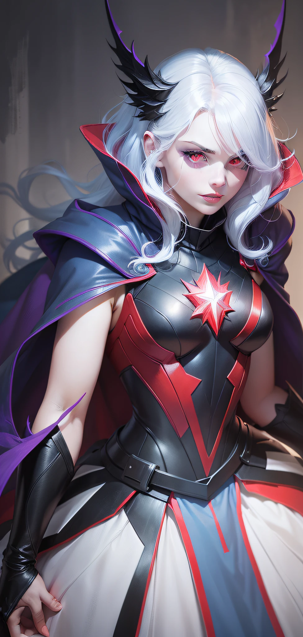 Trixie , white hair, biomechanical red eyes, blue robot girl skin, large breasts, costume consisting of purple pants and purple shirt, purple floor-length superhero cape, white gloves, a purple fedora hat, a mask purple gas covering his face, a belt with many functions and Batman-style tools, Bracelets with various functions, such as a holographic illusion generator, a teleportation device, His special golden boots have the ability to nullify inertia, Centrifugal force and friction.
