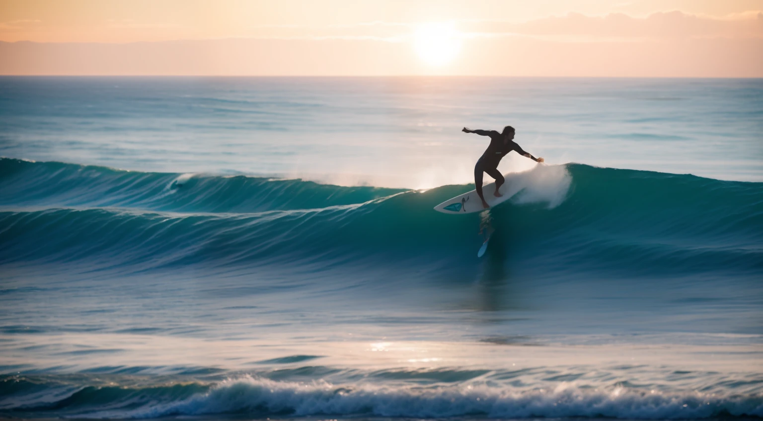 Surfers are riding big waves, Stand on a surfboard floating in the azure waters. His body moves back and forth firmly to maintain balance, And his strong legs are fixed on the board. As waves envelop him, He looks free、I enjoy. Sun rises from the distant horizon、Glitters the surface of the sea, Create beautiful scenes.