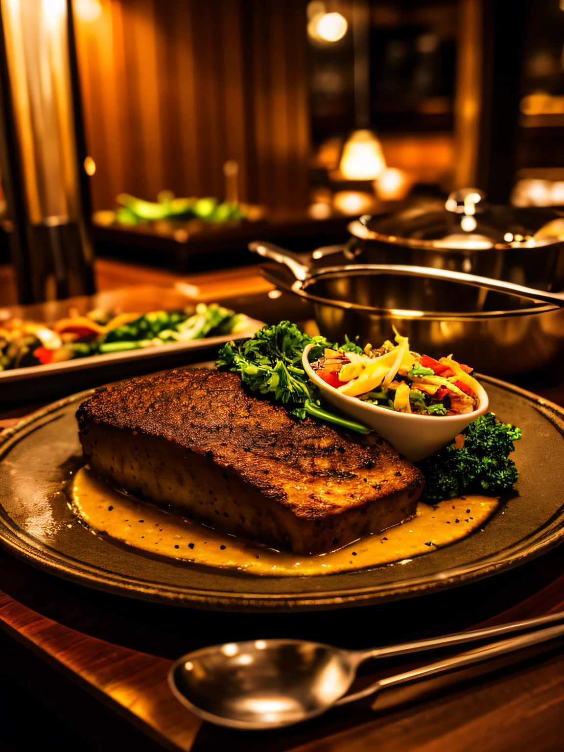 A dish from the chef in the restaurant, with vivid details and high detail, cinematic style with HDR effect, created with Adobe Lightroom.