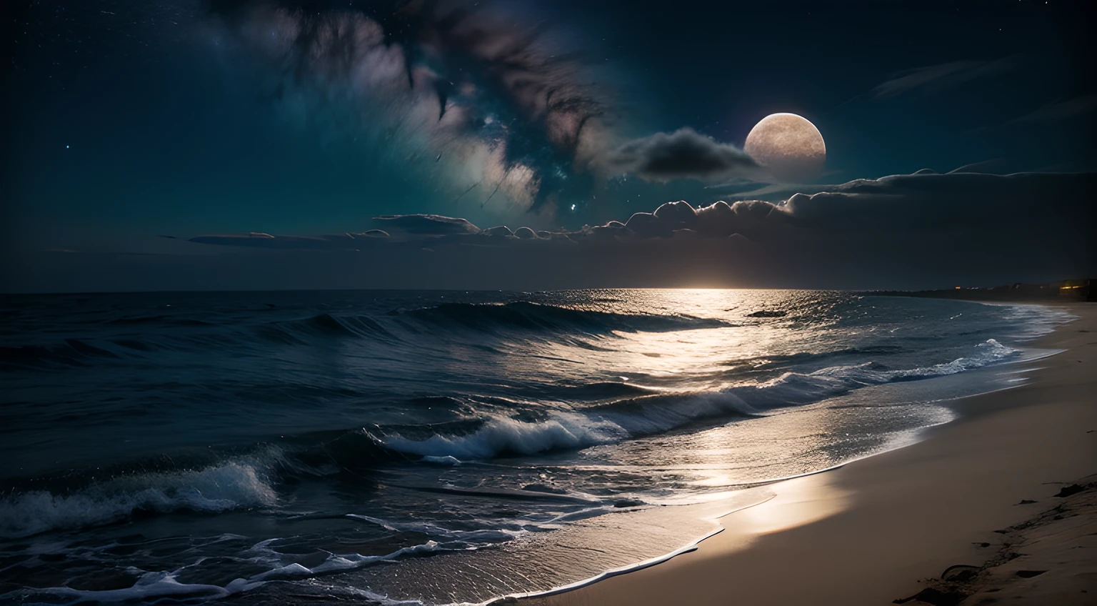 (moonlit night),(on the beach,crashing waves),(dramatic lighting),(silhouettes),(sparkling sand),(peaceful and relaxing atmosphere)