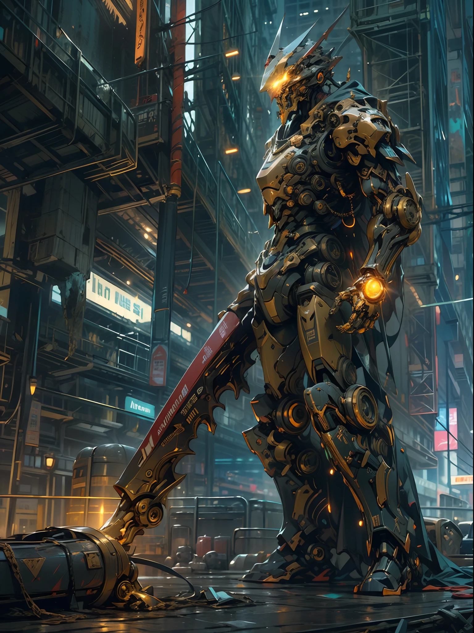 In the city，A tall building，One person，Mechanical body，Hold a knife in your hand，glow eye，Orange mech，Science fiction，neon light，cyberpunk custumed，8k wallpaper，Hyper-detailed work，Cinematic lighting，ruins，Possession of weapons，There are no humans，Dark_Fantasy,Cyberpunk,(chain saw,chain saw man,Red:1.1),1man,Mechanical marvel,Robotic presence,Cybernetic guardian,Wearing a shabby mech suit，intricated，（Steel metal[rust]），elegence，Clear focus，Photo by Greg Rutkowski，soft lights，vivd colors，master-piece，（（streets）），Cowboy-shot，dynamicpose， --auto