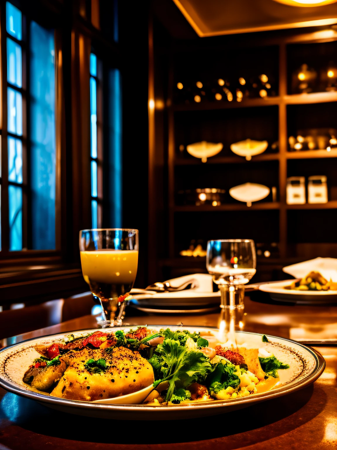 A dish from the chef in the restaurant, with vivid details and high detail, cinematic style with HDR effect, created with Adobe Lightroom.